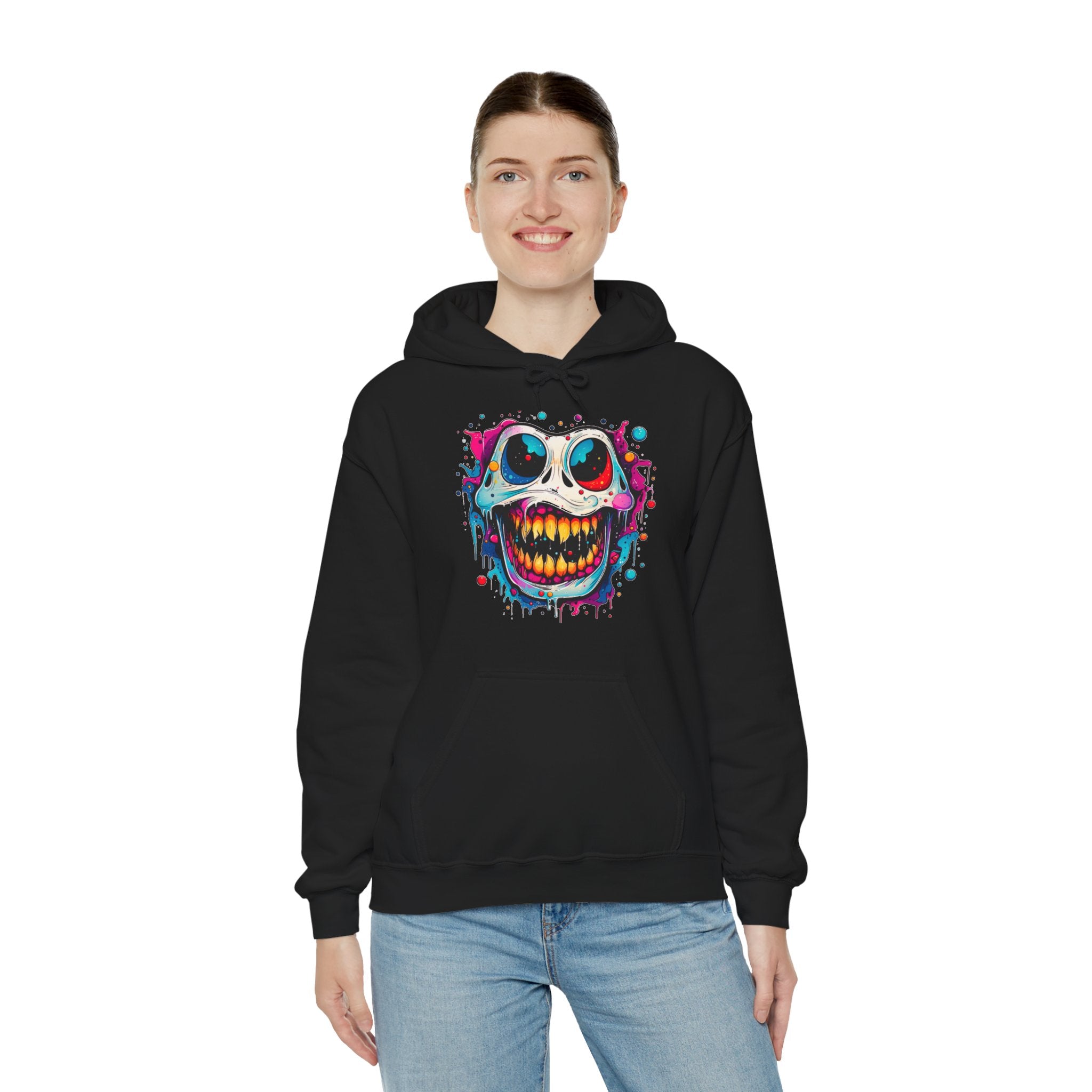 Unisex Skull Smile Hoodie - Colorful Drippy Graffiti Skull Pullover