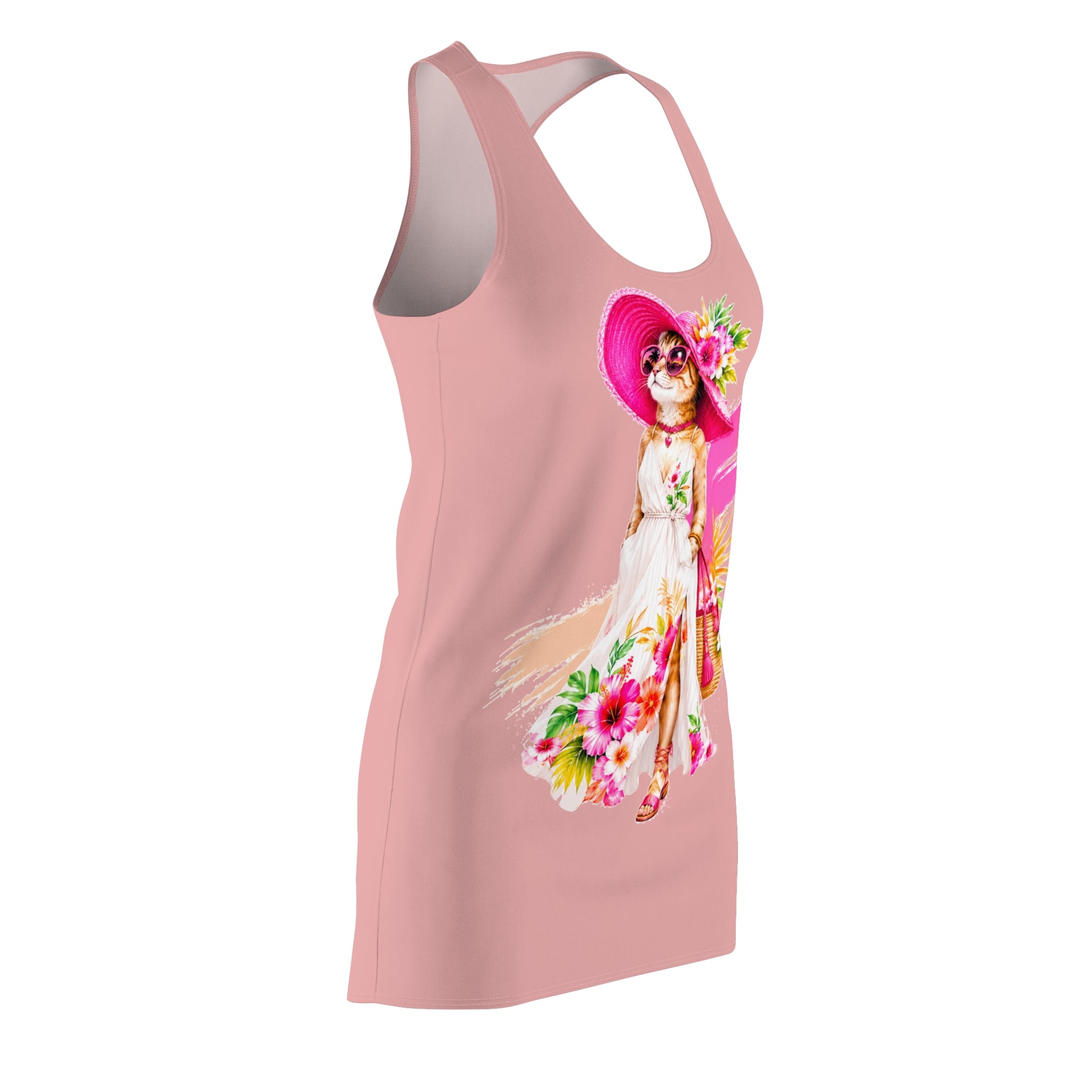 Floral Cat Racerback Dress for Women | Cute Summer Sundress | Boho Cat Print Casual Beach Dress | Gift for Cat Lovers