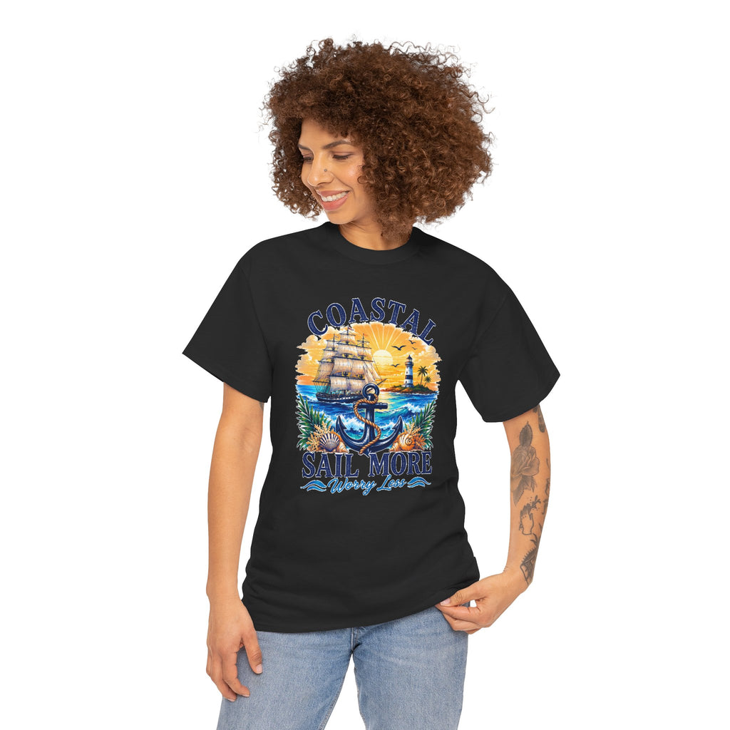 Coastal Sail More Worry Less T-Shirt | Nautical Beach Graphic Tee | Sailing Lover Shirt | Ocean Sunset Gift