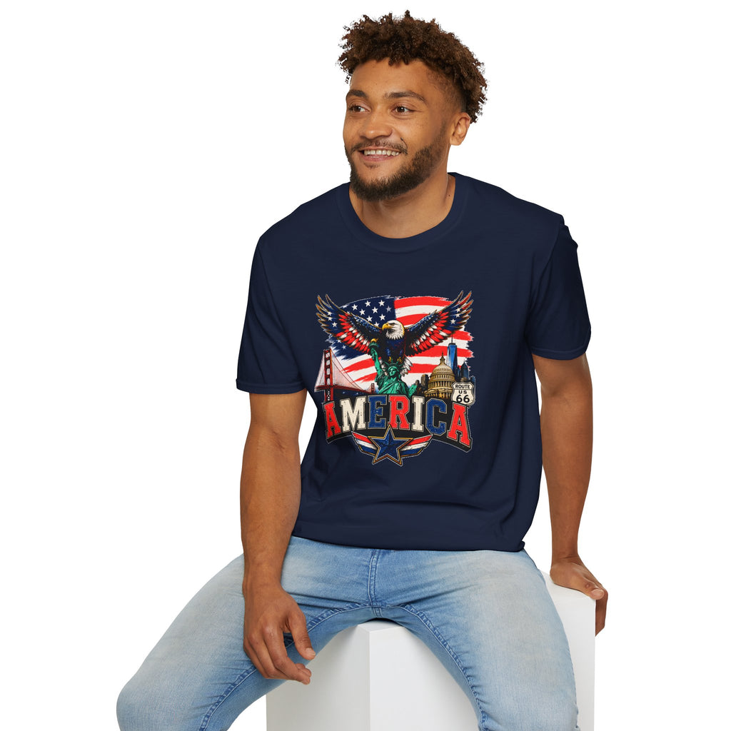 America Eagle Graphic T-Shirt — Patriotic USA Flag & Landmarks Tee (Statue of Liberty, Golden Gate, Capitol, Route 66)