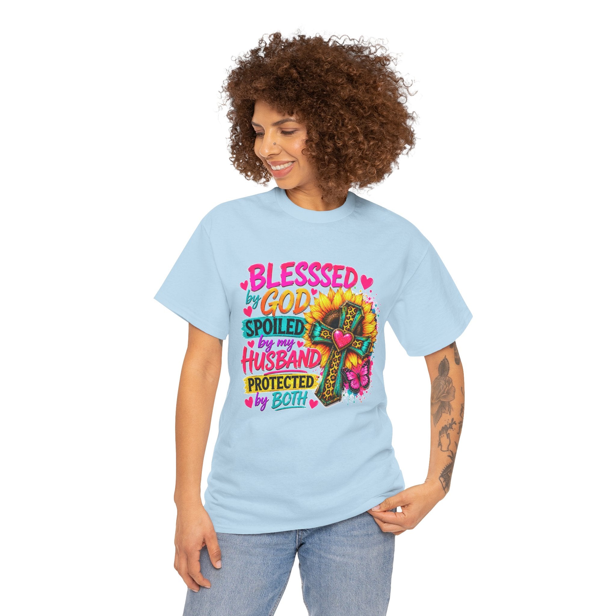 Blessed by God Spoiled by My Husband Tee — Christian Cross Floral Women's Shirt