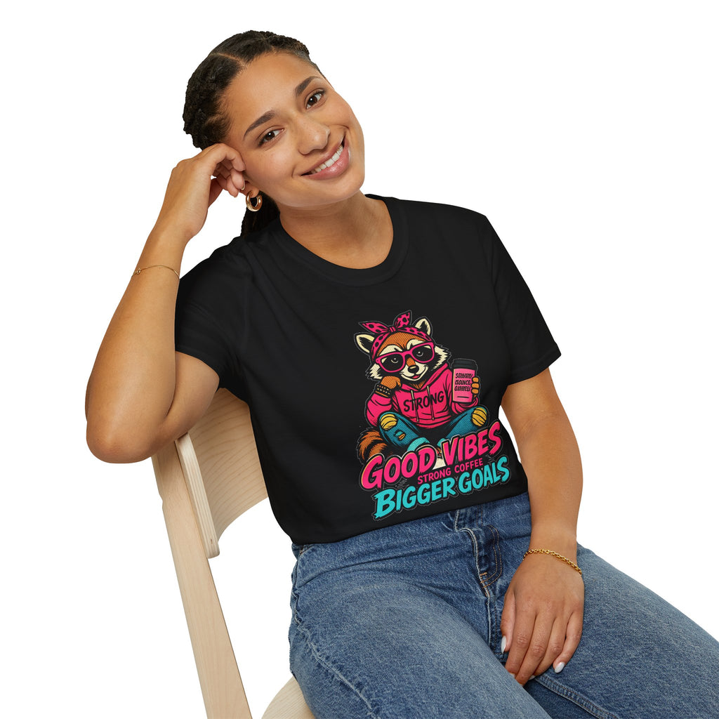 Good Vibes Bigger Goals T-Shirt — Raccoon Coffee Motivation Tee