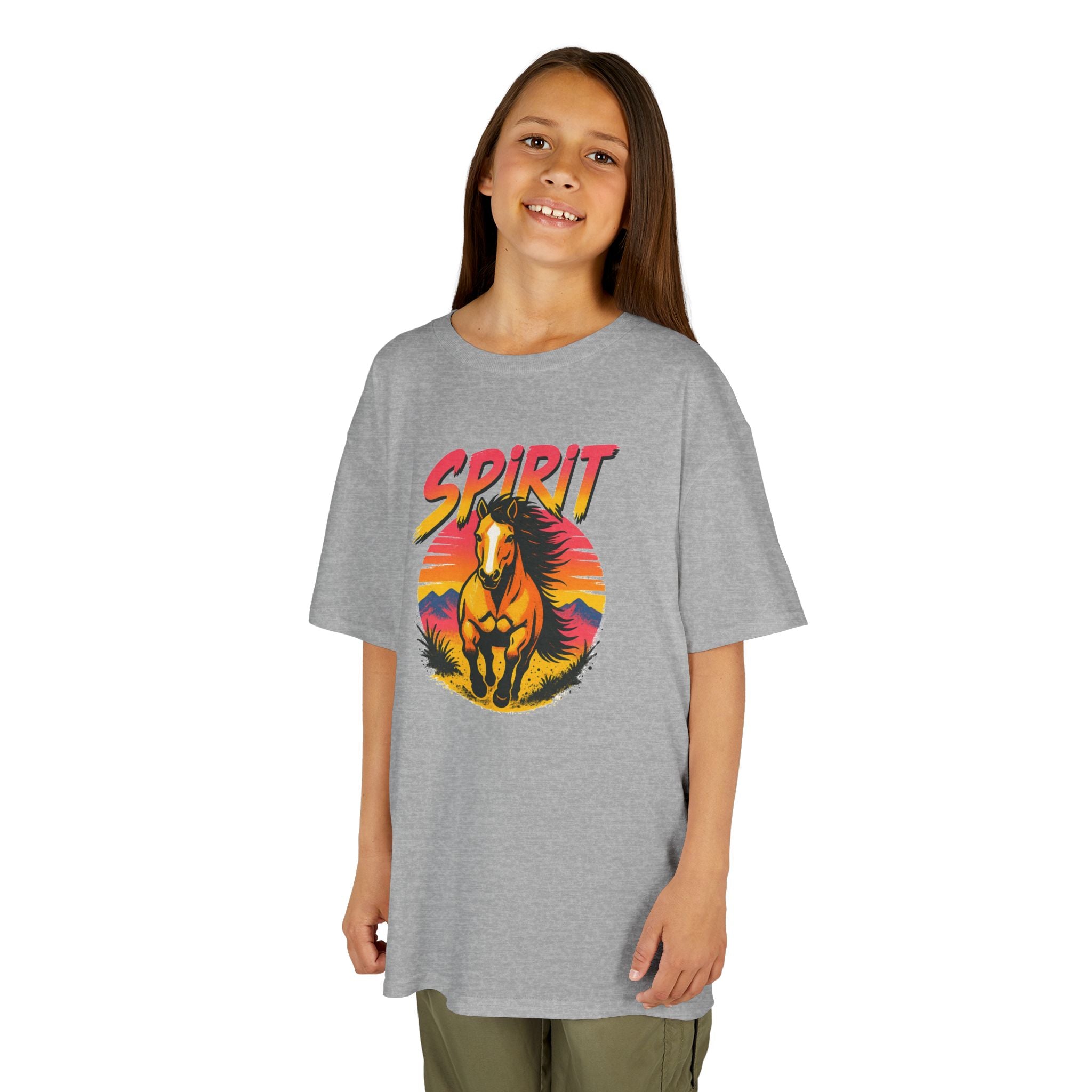 Spirit Horse Kids T‑Shirt — Retro Sunset Wild Horse Graphic Tee