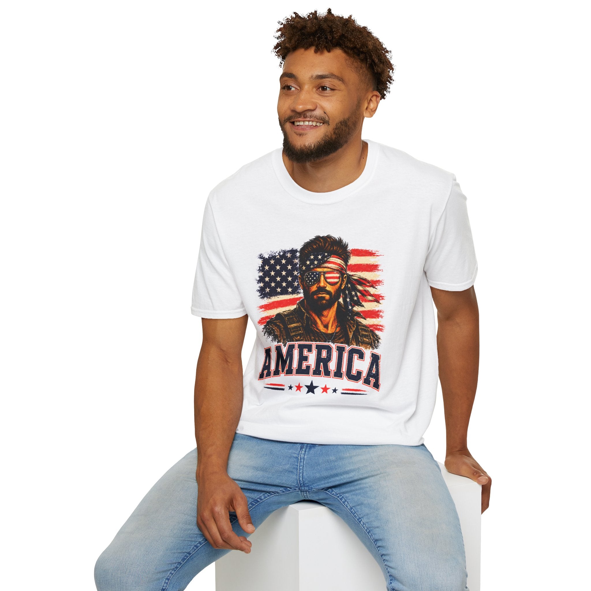 Patriotic Bandana Man T-Shirt — USA Flag Graphic Tee ("America")