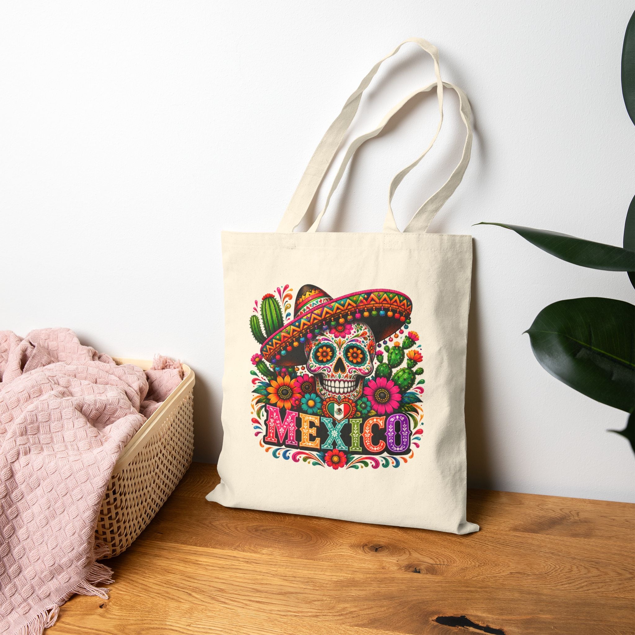 Tote Bag — Colorful Mexican Sugar Skull (Dia de los Muertos) Cotton Canvas Tote