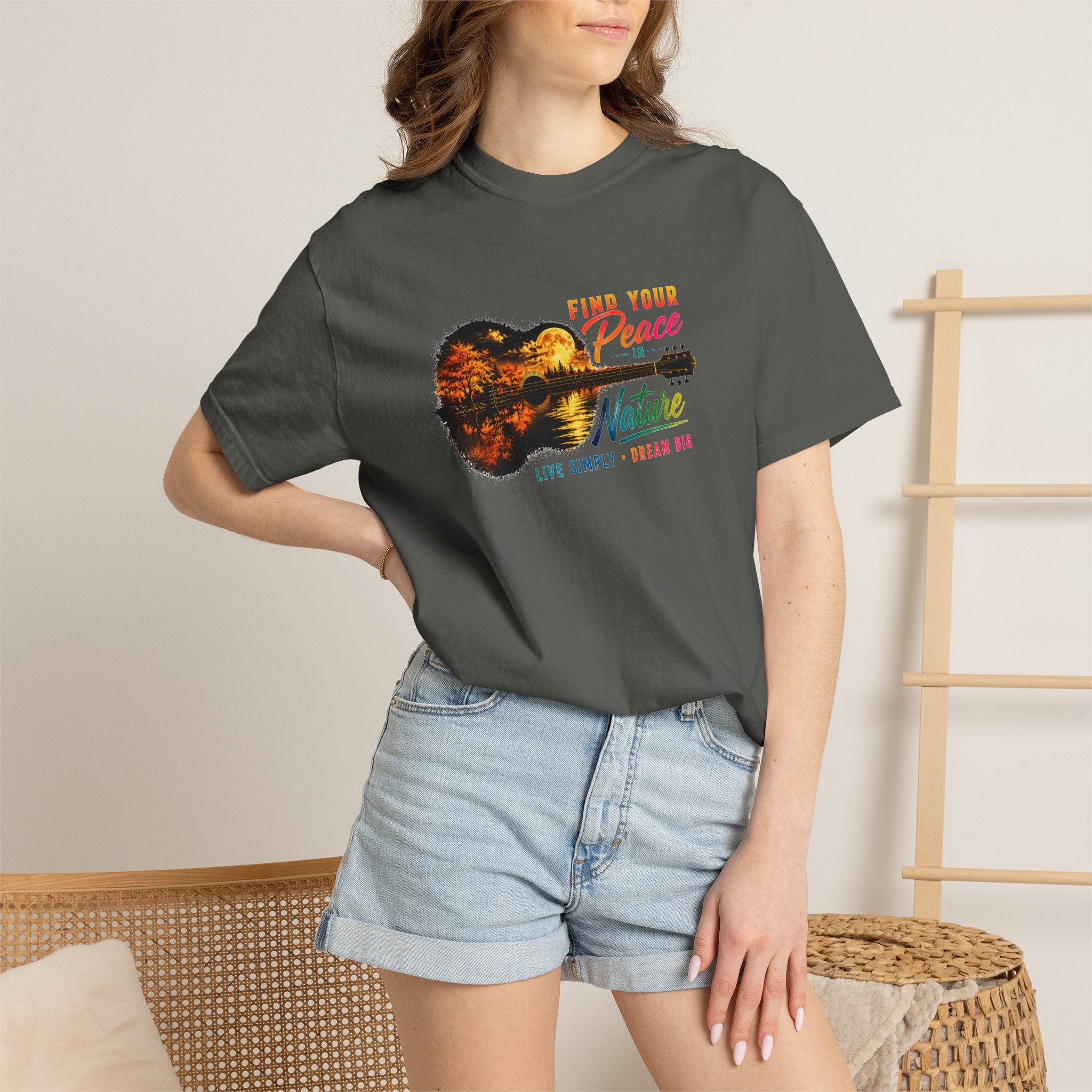 Acoustic Guitar Nature T-Shirt, Find Your Peace in Nature Tee, Music Lover Gift, Camping Shirt, Outdoor Graphic Tee, Hiking Shirt