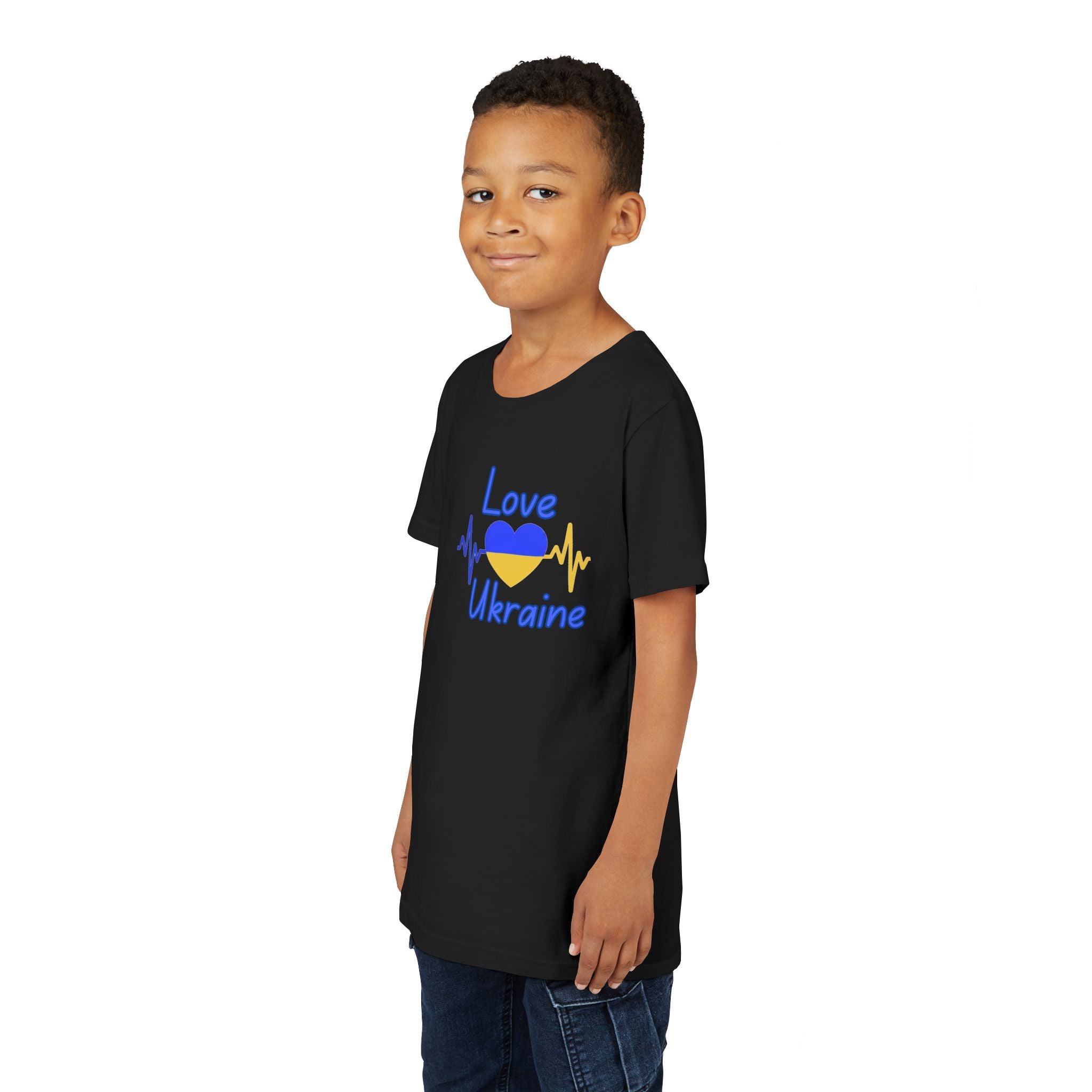 Love Ukraine Youth Tee — Blue & Yellow Heart Kids Shirt (Support Ukraine)