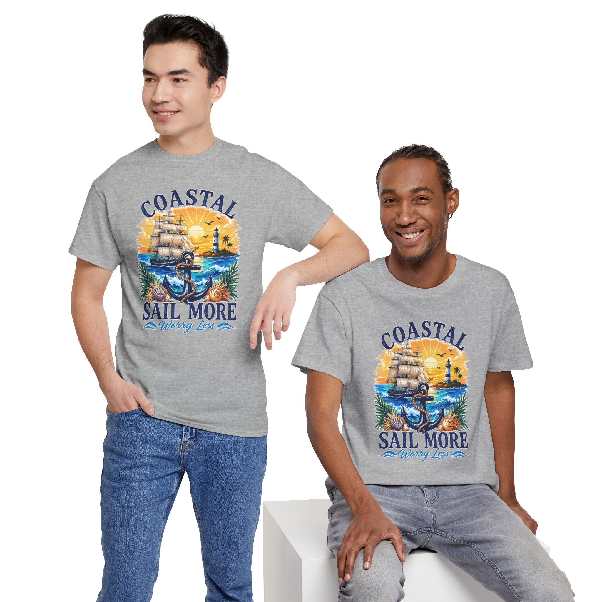 Coastal Sail More Worry Less T-Shirt | Nautical Beach Graphic Tee | Sailing Lover Shirt | Ocean Sunset Gift