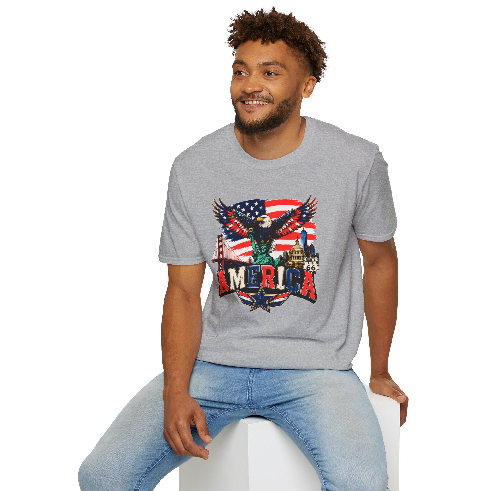 America Eagle Graphic T-Shirt — Patriotic USA Flag & Landmarks Tee (Statue of Liberty, Golden Gate, Capitol, Route 66)