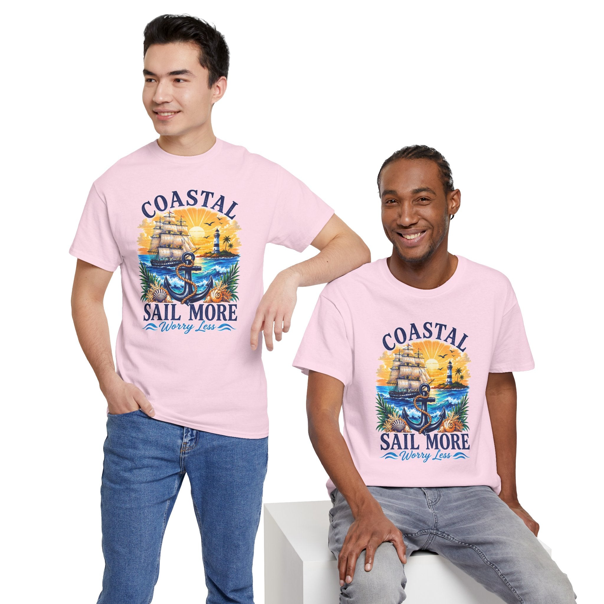 Coastal Sail More Worry Less T-Shirt | Nautical Beach Graphic Tee | Sailing Lover Shirt | Ocean Sunset Gift