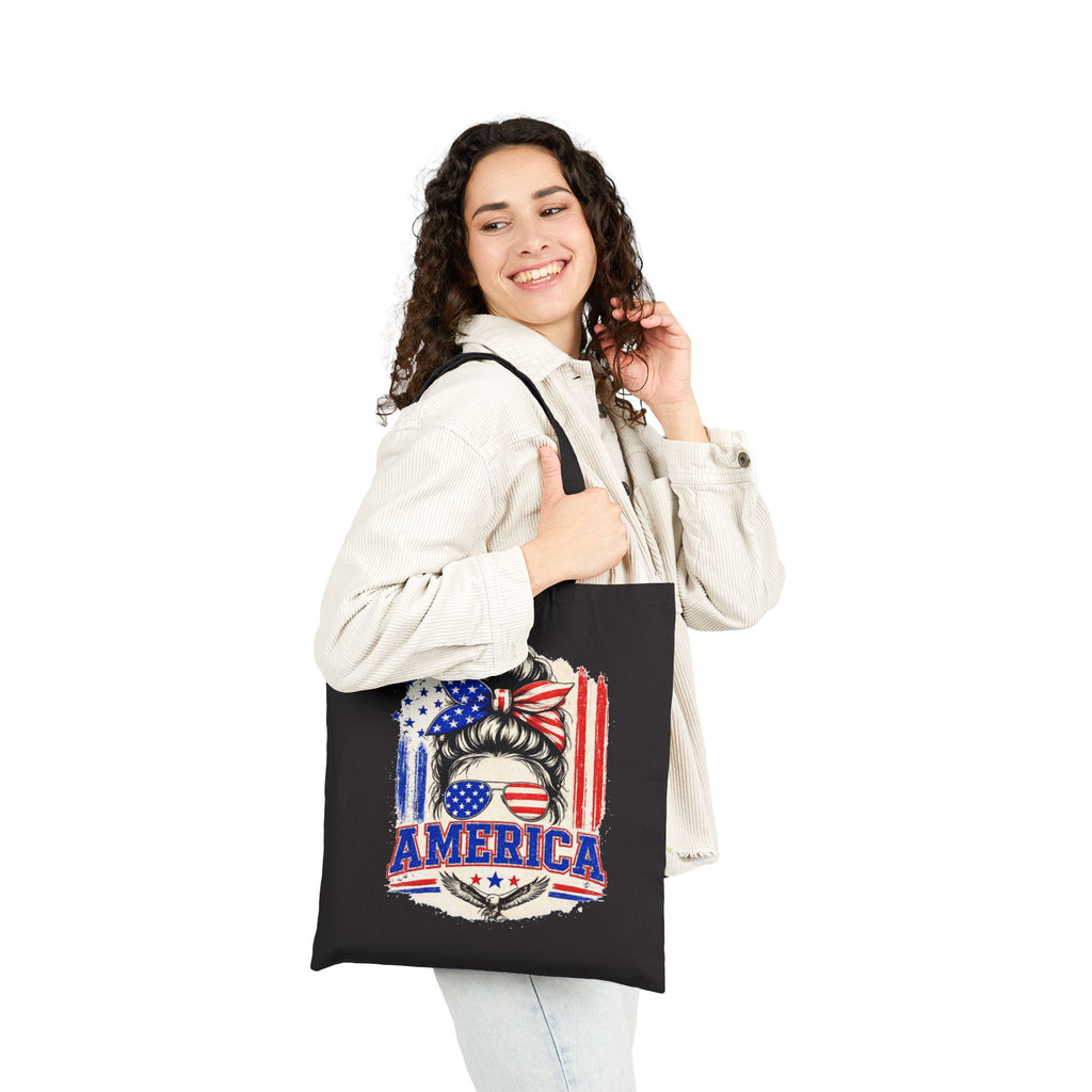 America Flag Hair Messy Bun Tote Bag — Patriotic 4th of July Cotton Canvas Tote