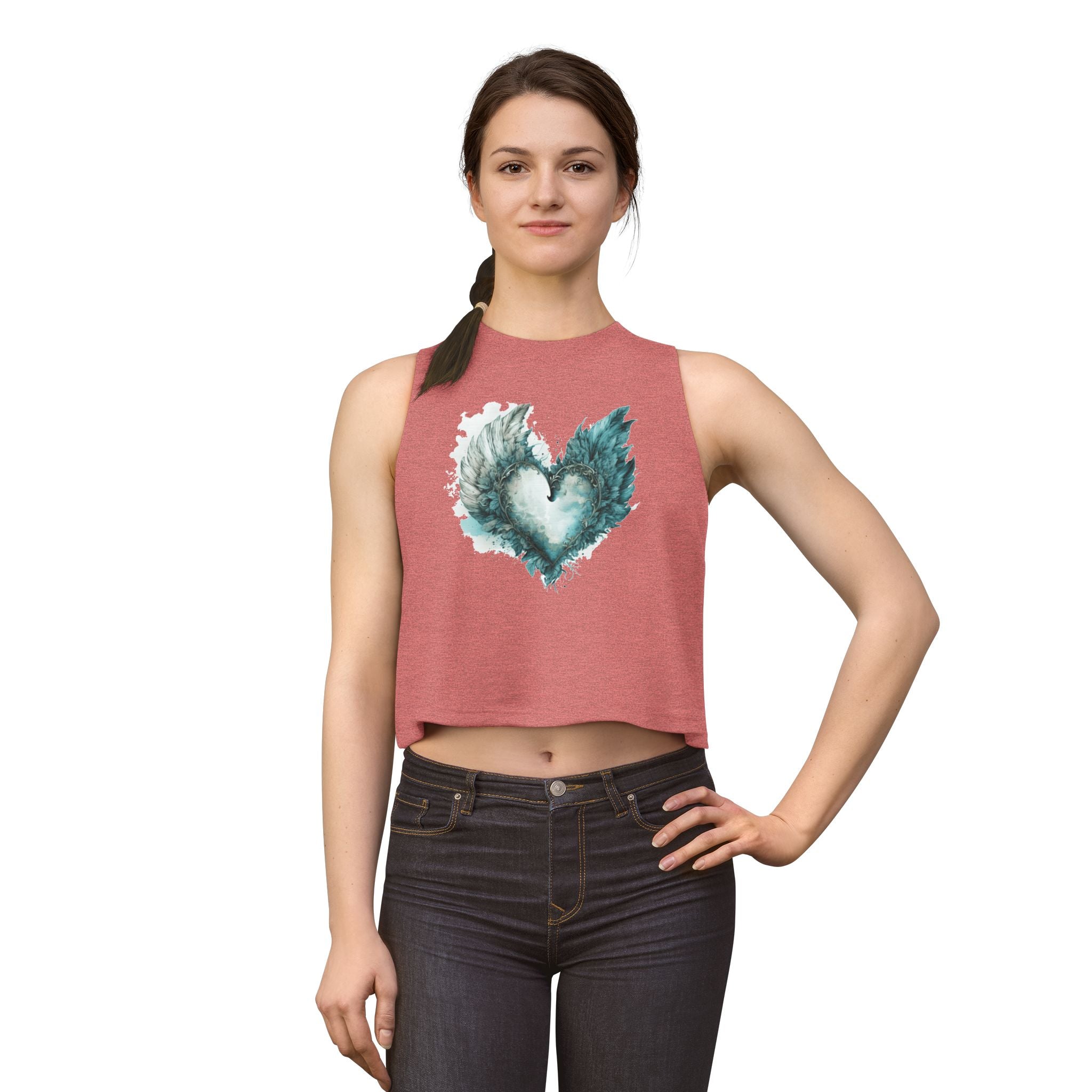 Winged Heart Crop Top, Angel Wings Heart Shirt, Teal Watercolor Graphic Crop Top, Aesthetic Women's Crop Tee