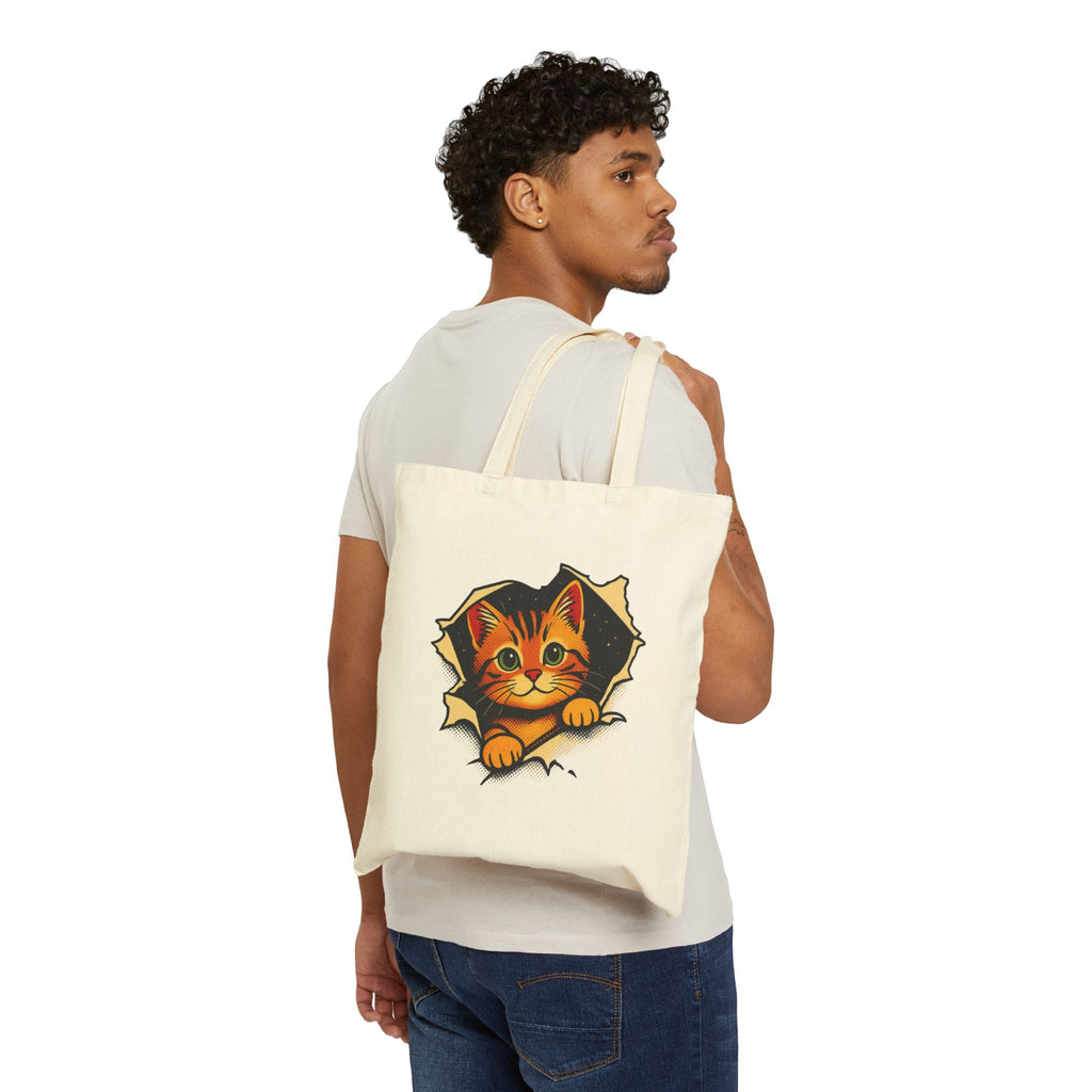 Cat Peeking Tote Bag — Cute Kitten Canvas Grocery & Book Bag