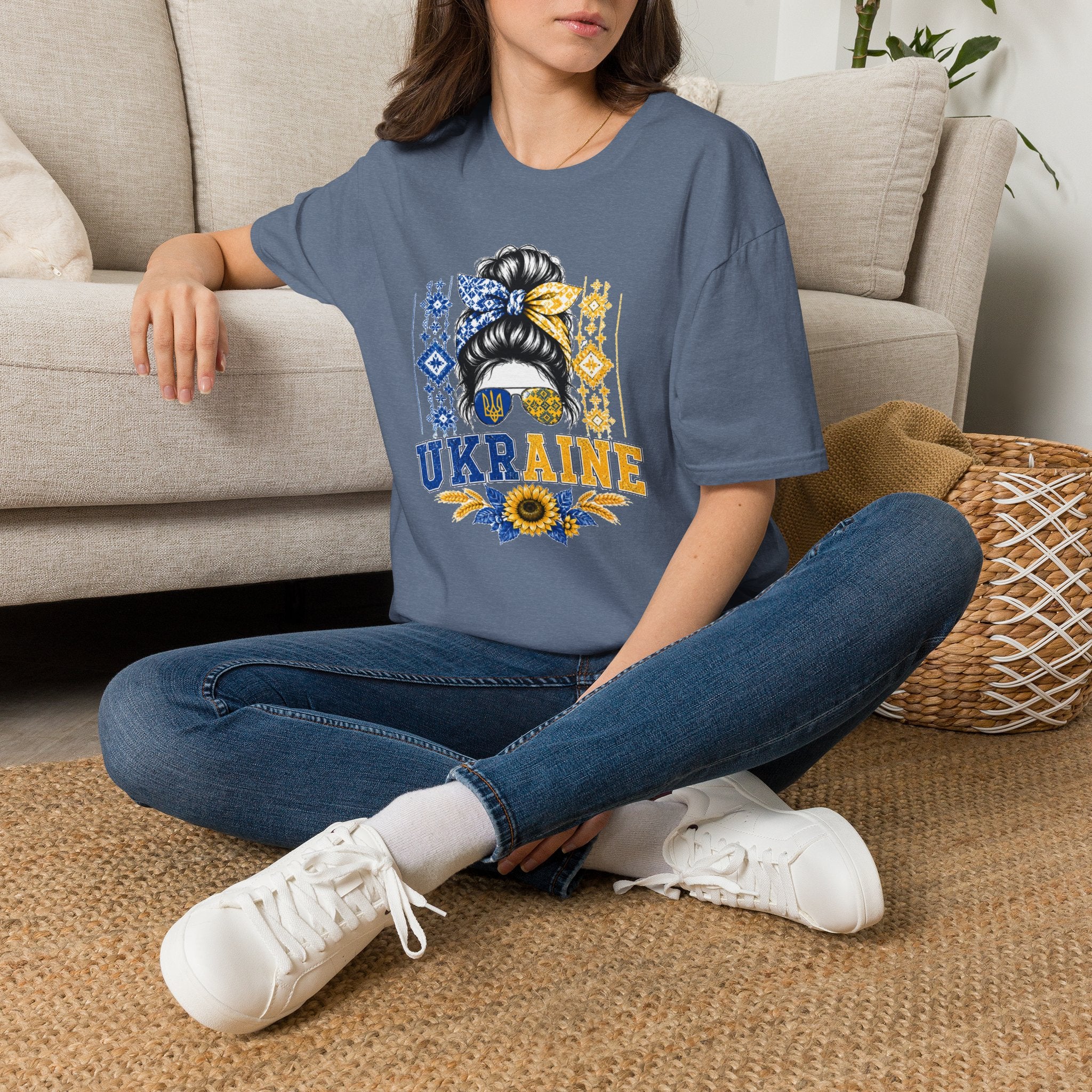 Ukraine Sunflower Hair Bun T-Shirt — Messy Bun with Blue & Yellow Bandana