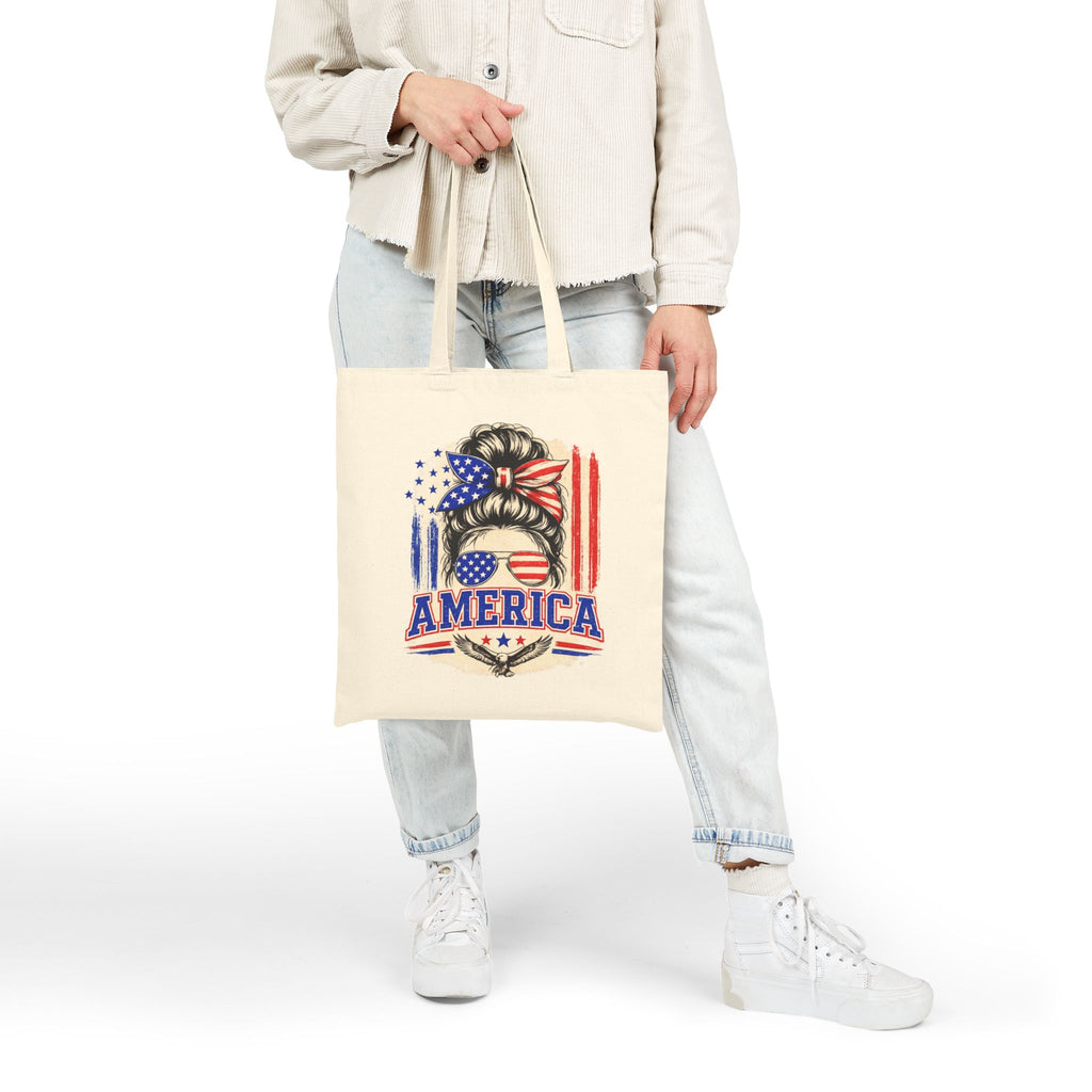 America Flag Hair Messy Bun Tote Bag — Patriotic 4th of July Cotton Canvas Tote