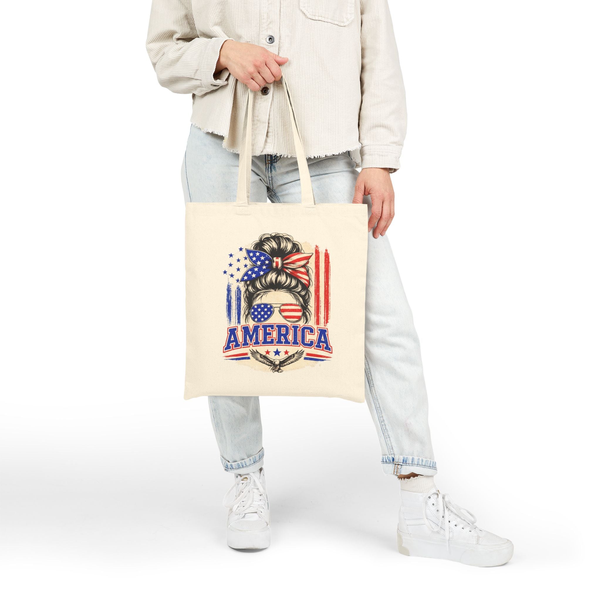America Flag Hair Messy Bun Tote Bag — Patriotic 4th of July Cotton Canvas Tote