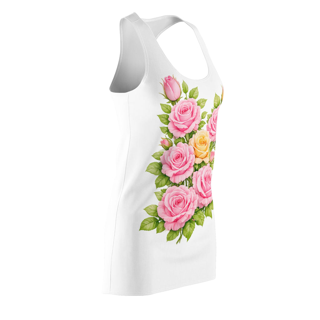 White Floral Racerback Dress | Vintage Pink Rose Bouquet Dress