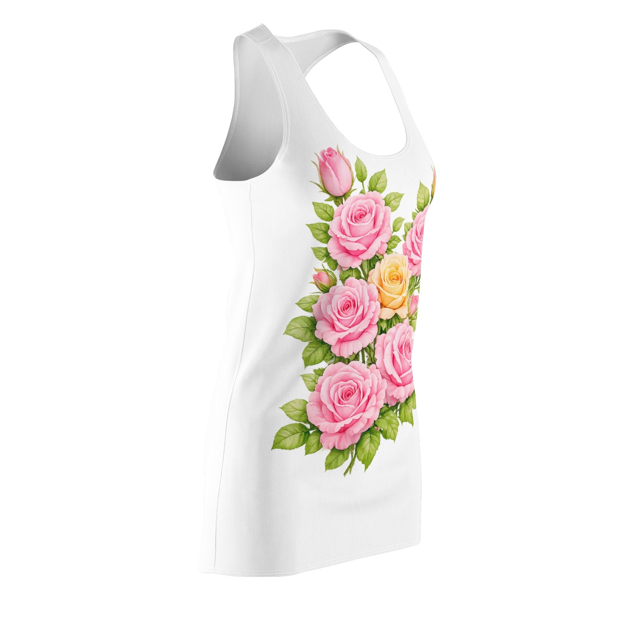 White Floral Racerback Dress | Vintage Pink Rose Bouquet Dress