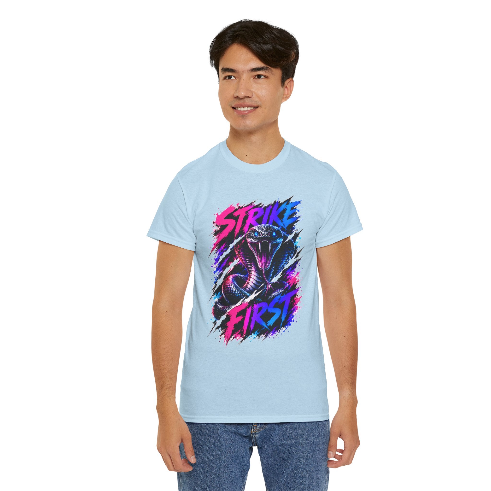 Strike First Cobra T-Shirt | Neon Snake Graphic Tee | Bold Streetwear Shirt | Unisex Graphic Tee