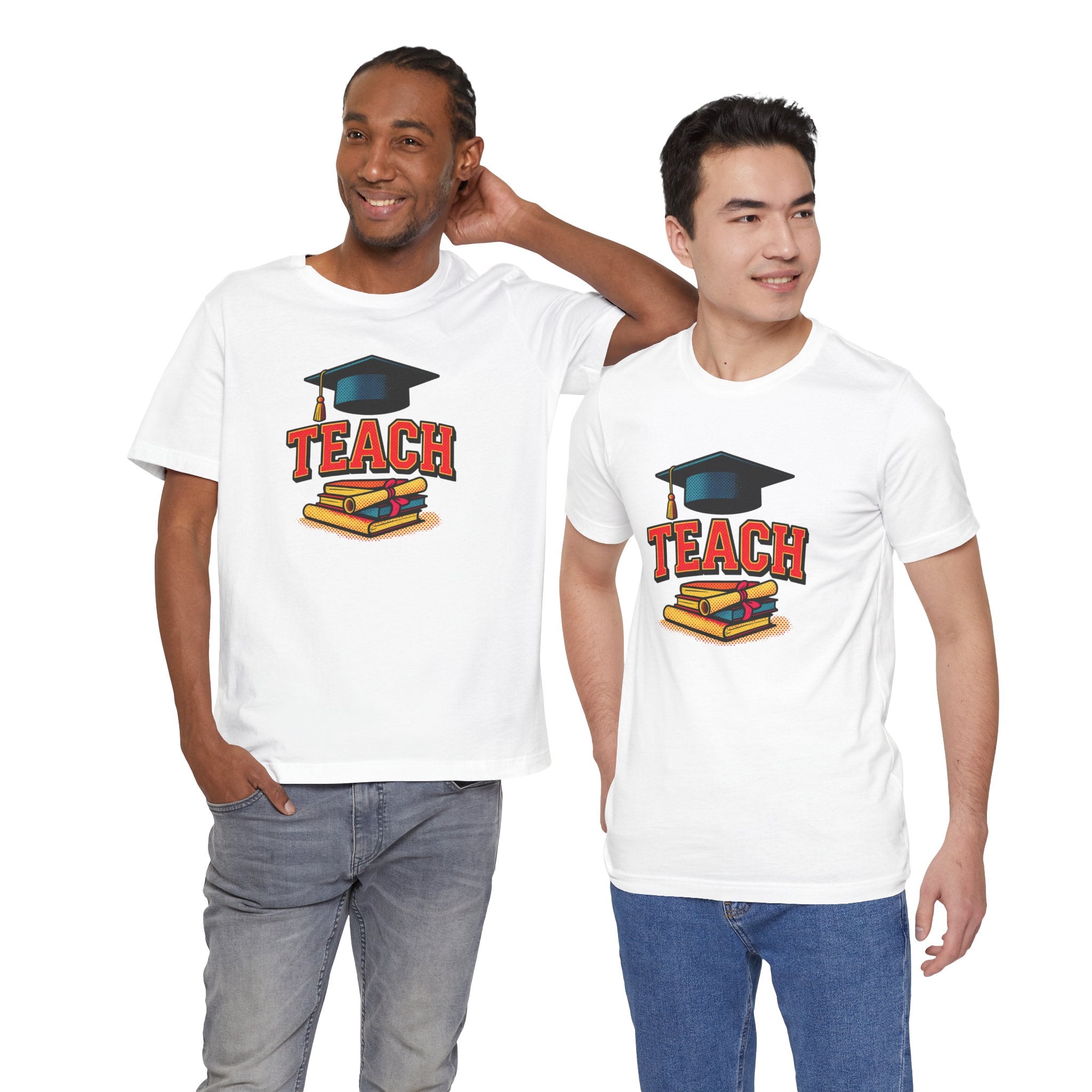 Teach Graduation T‑Shirt — Teacher Gift Tee with Cap & Books Design