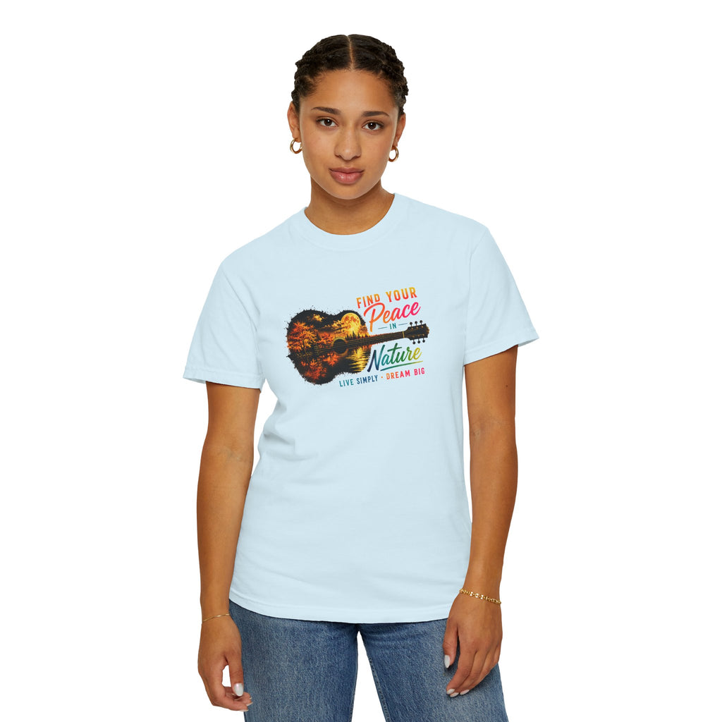 Acoustic Guitar Nature T-Shirt, Find Your Peace in Nature Tee, Music Lover Gift, Camping Shirt, Outdoor Graphic Tee, Hiking Shirt