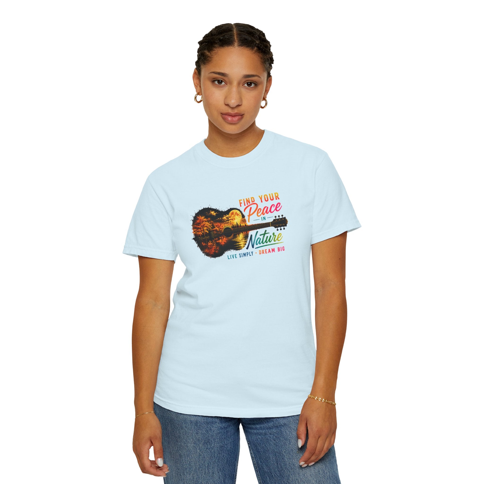 Acoustic Guitar Nature T-Shirt, Find Your Peace in Nature Tee, Music Lover Gift, Camping Shirt, Outdoor Graphic Tee, Hiking Shirt