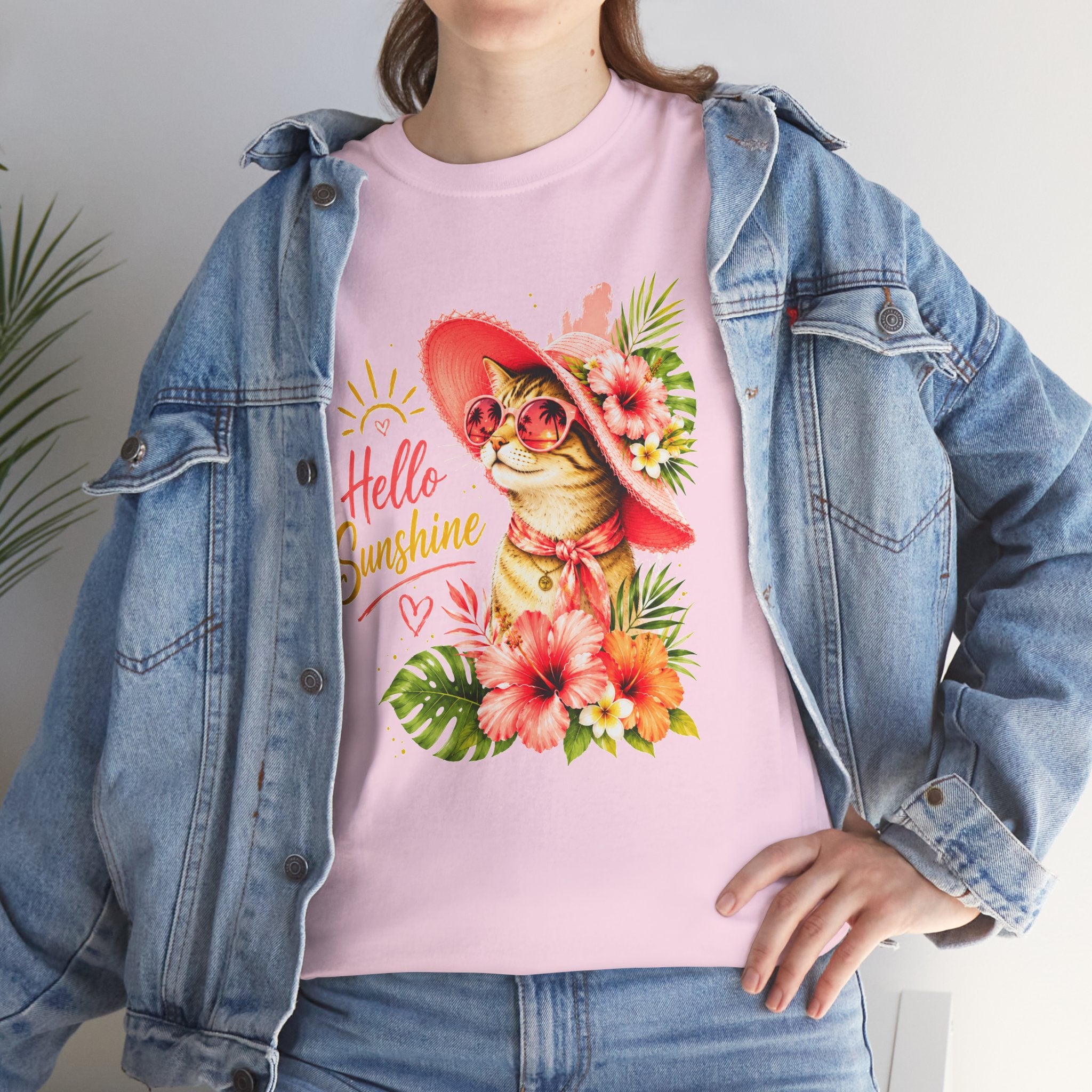 Hello Sunshine Cat Shirt | Cute Floral Cat T-Shirt | Tropical Summer Kitty Tee | Cat Lover Gift | Cute Women's Graphic Tee