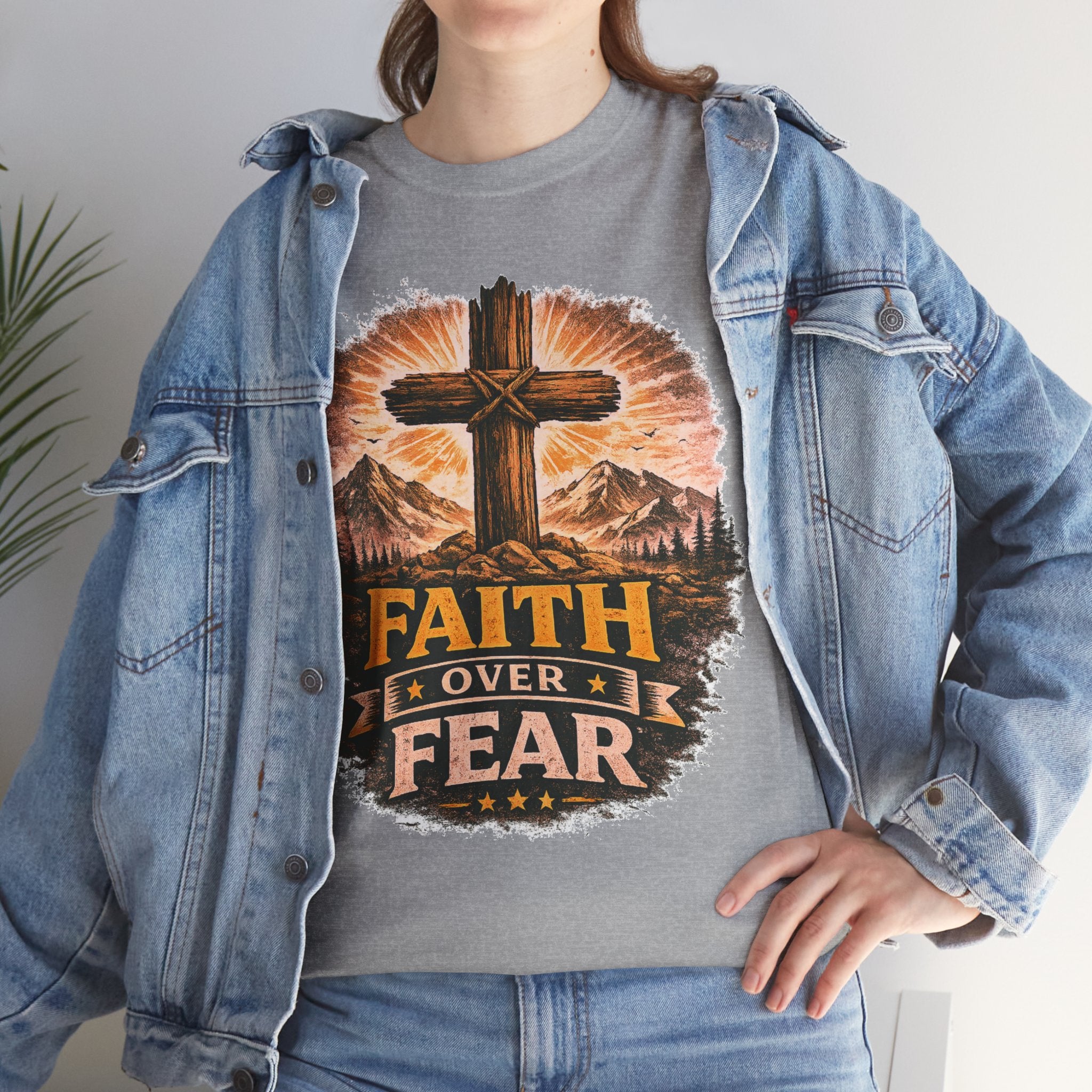 Faith Over Fear T-Shirt | Christian Cross Shirt | Religious Graphic Tee | Bible Verse Gift | Men's Faith Shirt