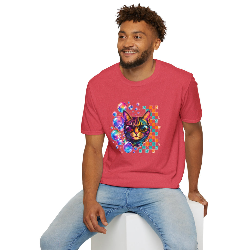 Colorful Cat Sunglasses T-Shirt, Retro Pop Art Cat Tee, Fun Graphic Shirt