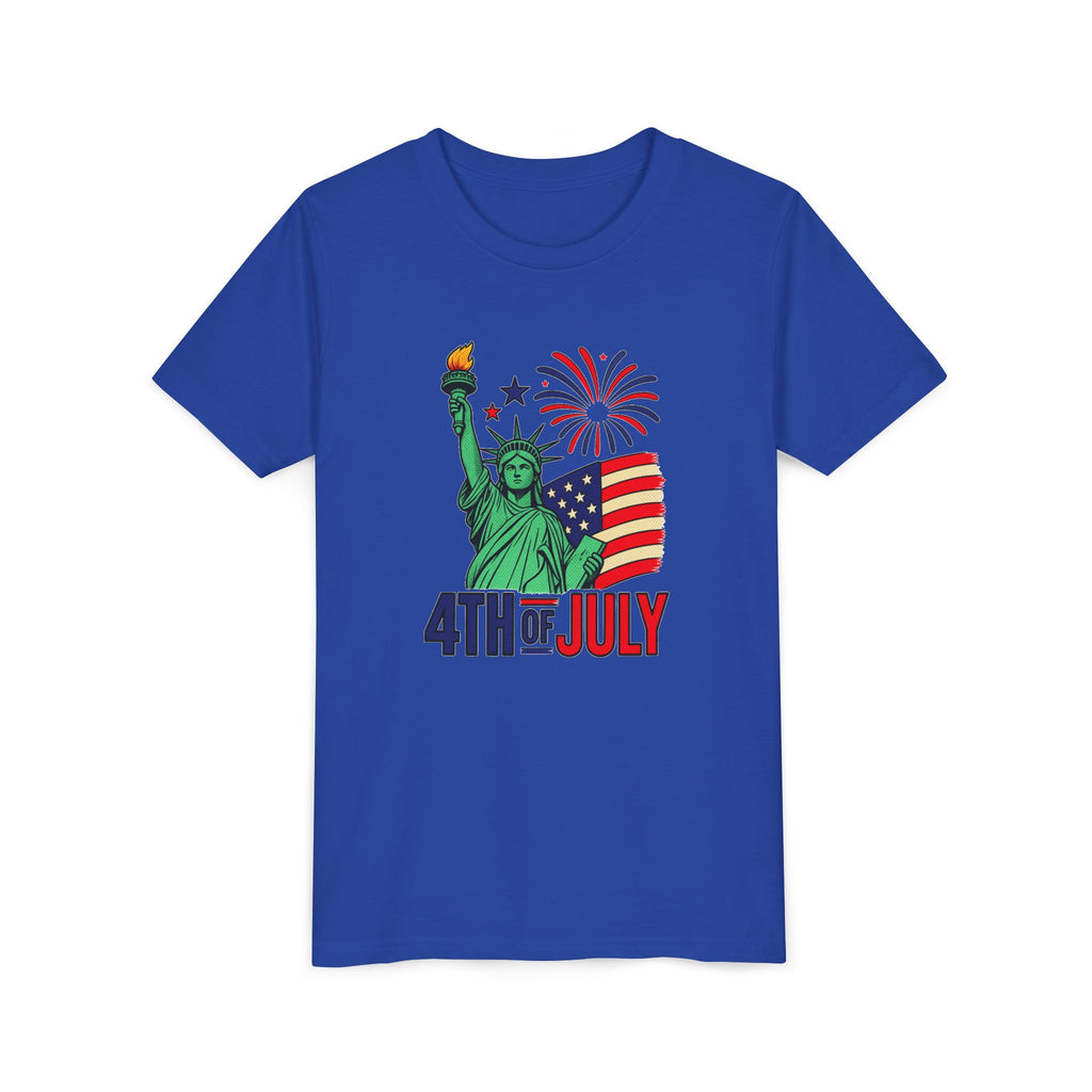 Kids 4th of July T-Shirt – Statue of Liberty, Flag & Fireworks Youth Tee