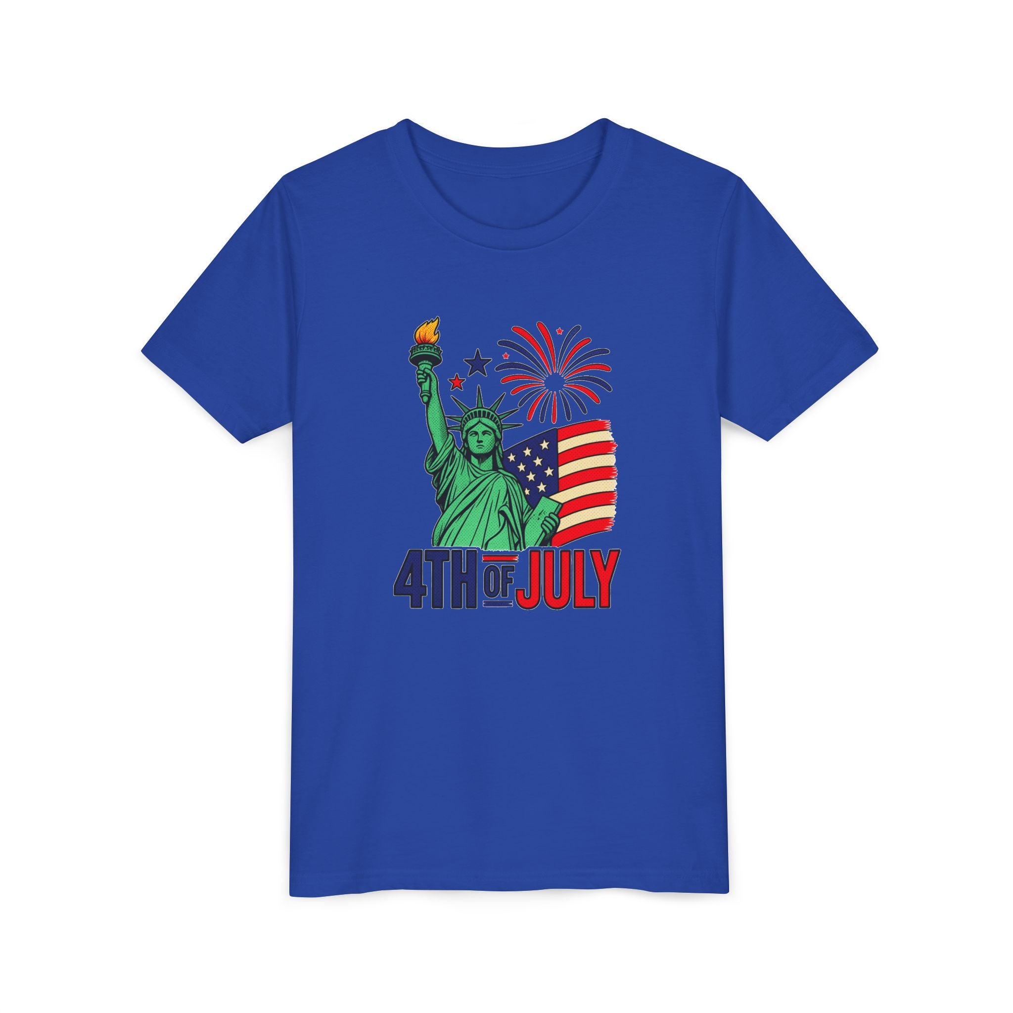 Kids 4th of July T-Shirt – Statue of Liberty, Flag & Fireworks Youth Tee