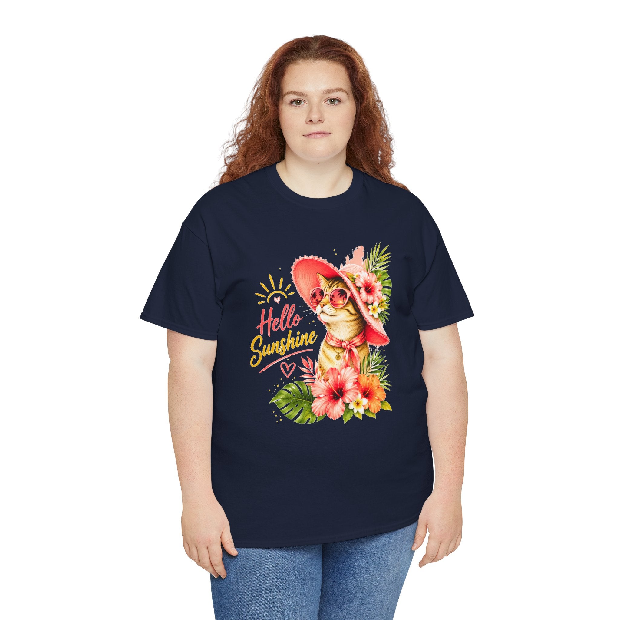 Hello Sunshine Cat Shirt | Cute Floral Cat T-Shirt | Tropical Summer Kitty Tee | Cat Lover Gift | Cute Women's Graphic Tee