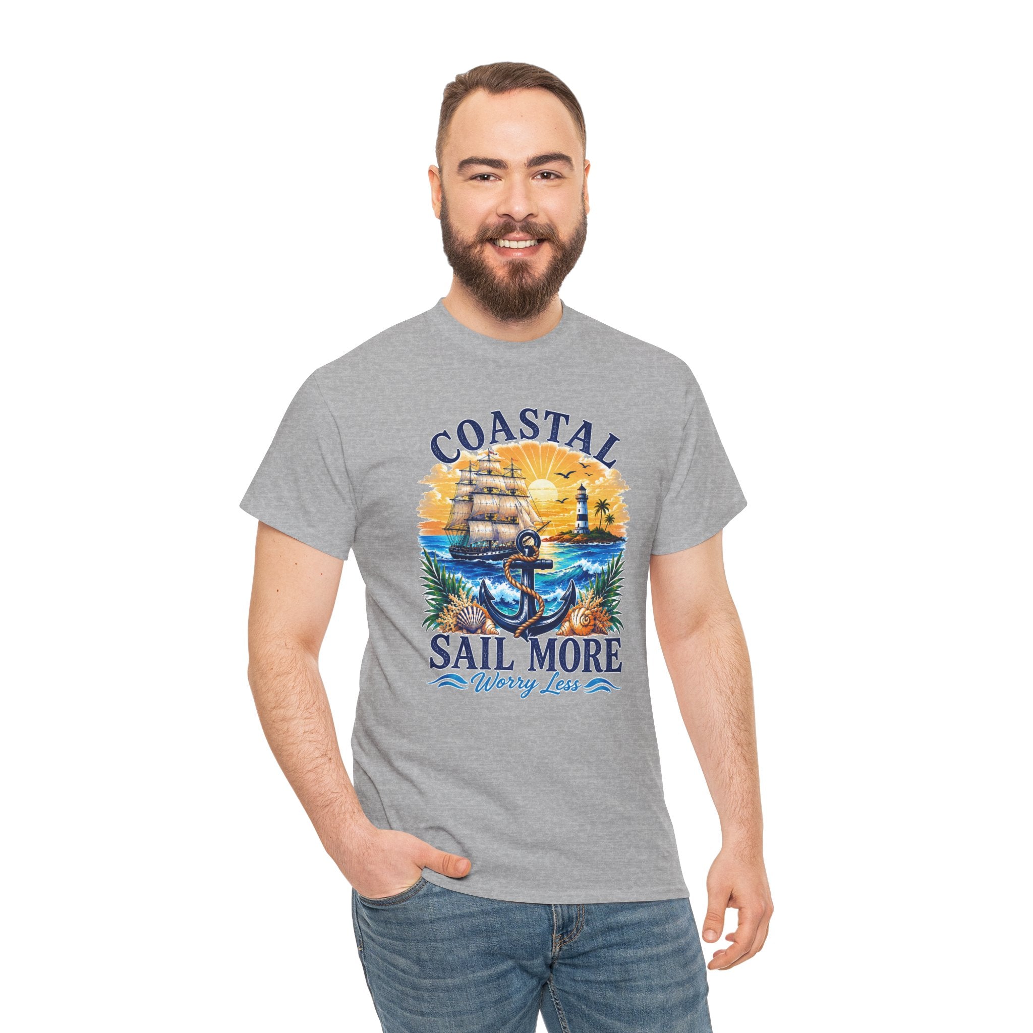 Coastal Sail More Worry Less T-Shirt | Nautical Beach Graphic Tee | Sailing Lover Shirt | Ocean Sunset Gift