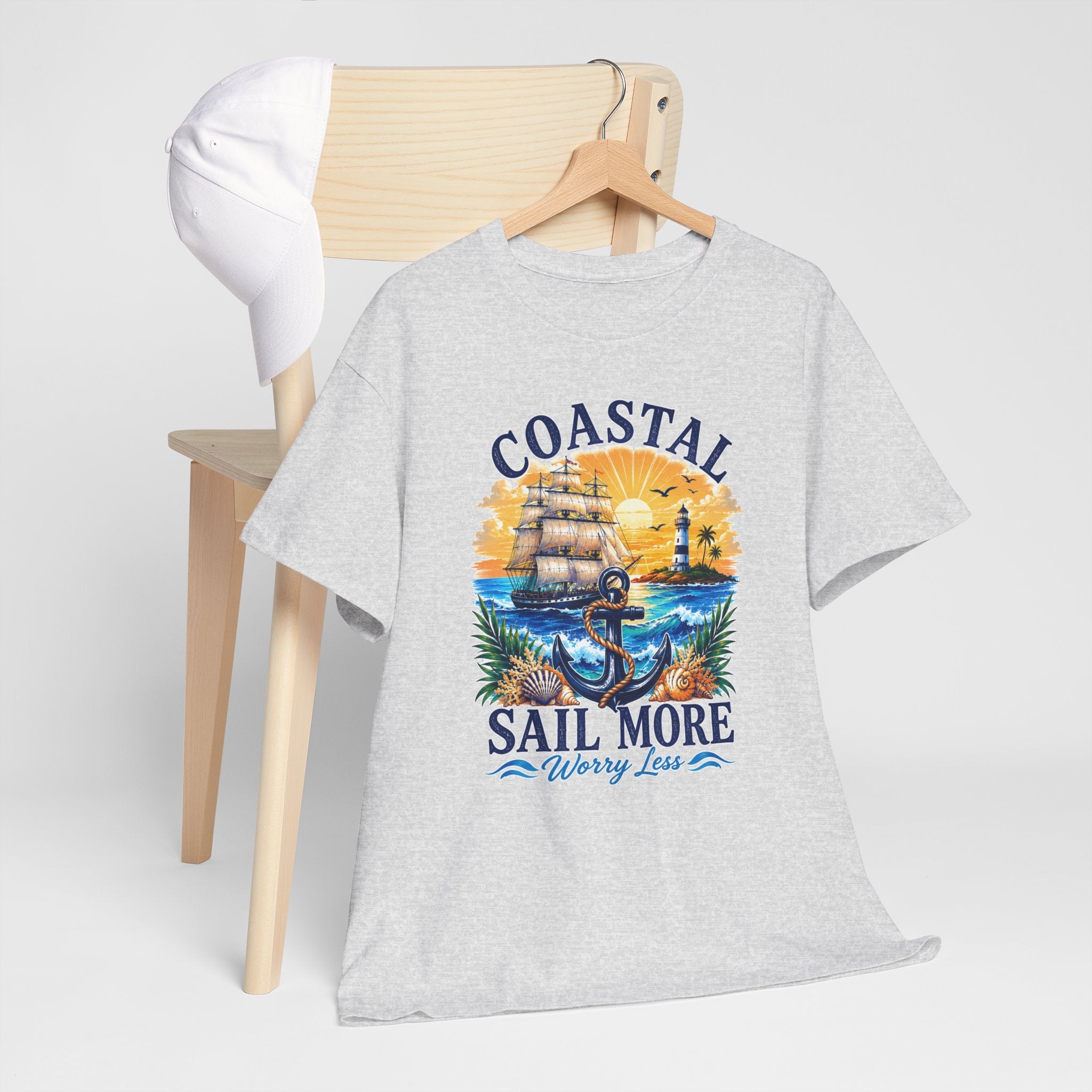 Coastal Sail More Worry Less T-Shirt | Nautical Beach Graphic Tee | Sailing Lover Shirt | Ocean Sunset Gift