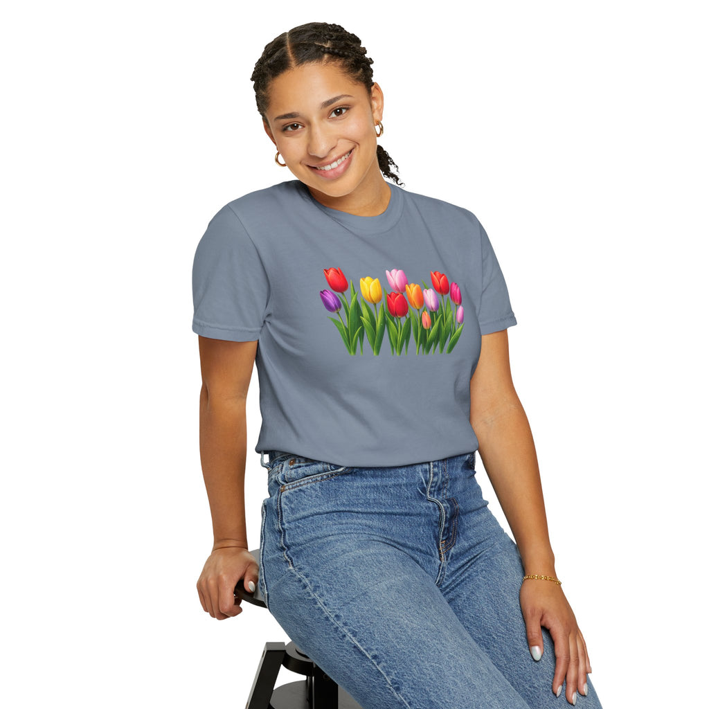 Colorful Tulip Shirt, Floral T-Shirt for Women, Botanical Graphic Tee, Spring Garden Shirt, Comfort Colors Tee