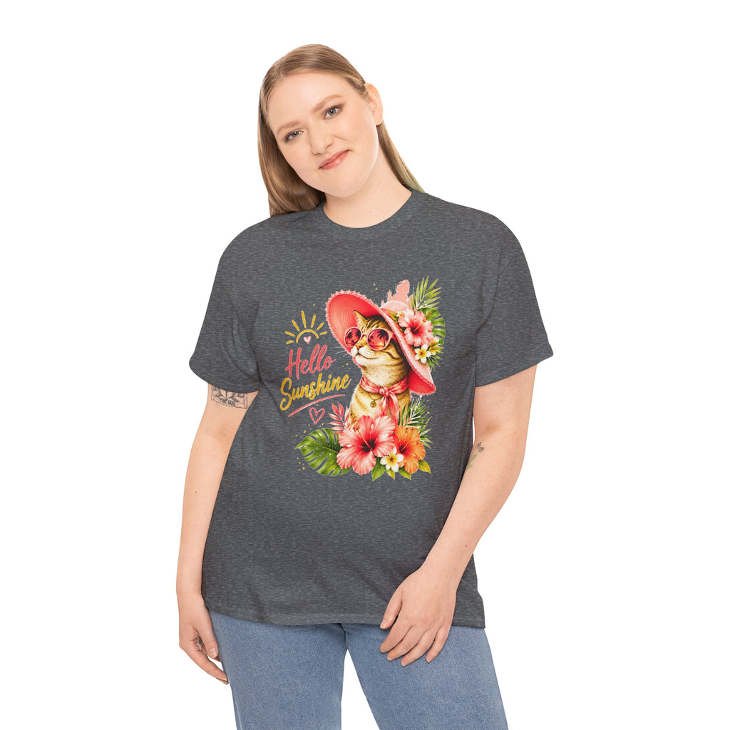 Hello Sunshine Cat Shirt | Cute Floral Cat T-Shirt | Tropical Summer Kitty Tee | Cat Lover Gift | Cute Women's Graphic Tee