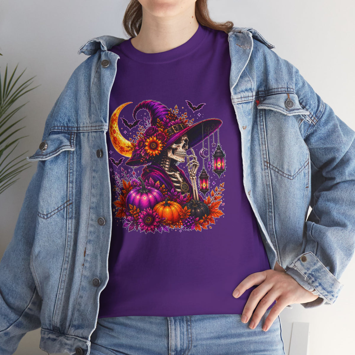 Halloween Witch Skeleton T-Shirt, Spooky Pumpkin Moon Tee, Gothic Fall Graphic Shirt, Halloween Gift for Her