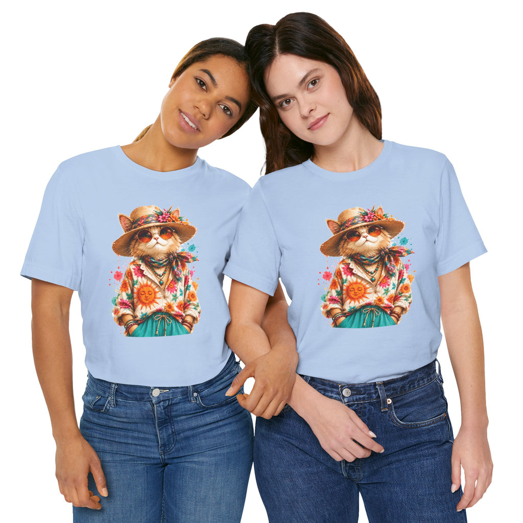 Boho Cat Graphic Tee — Floral Hat & Sunshine Cat T-Shirt