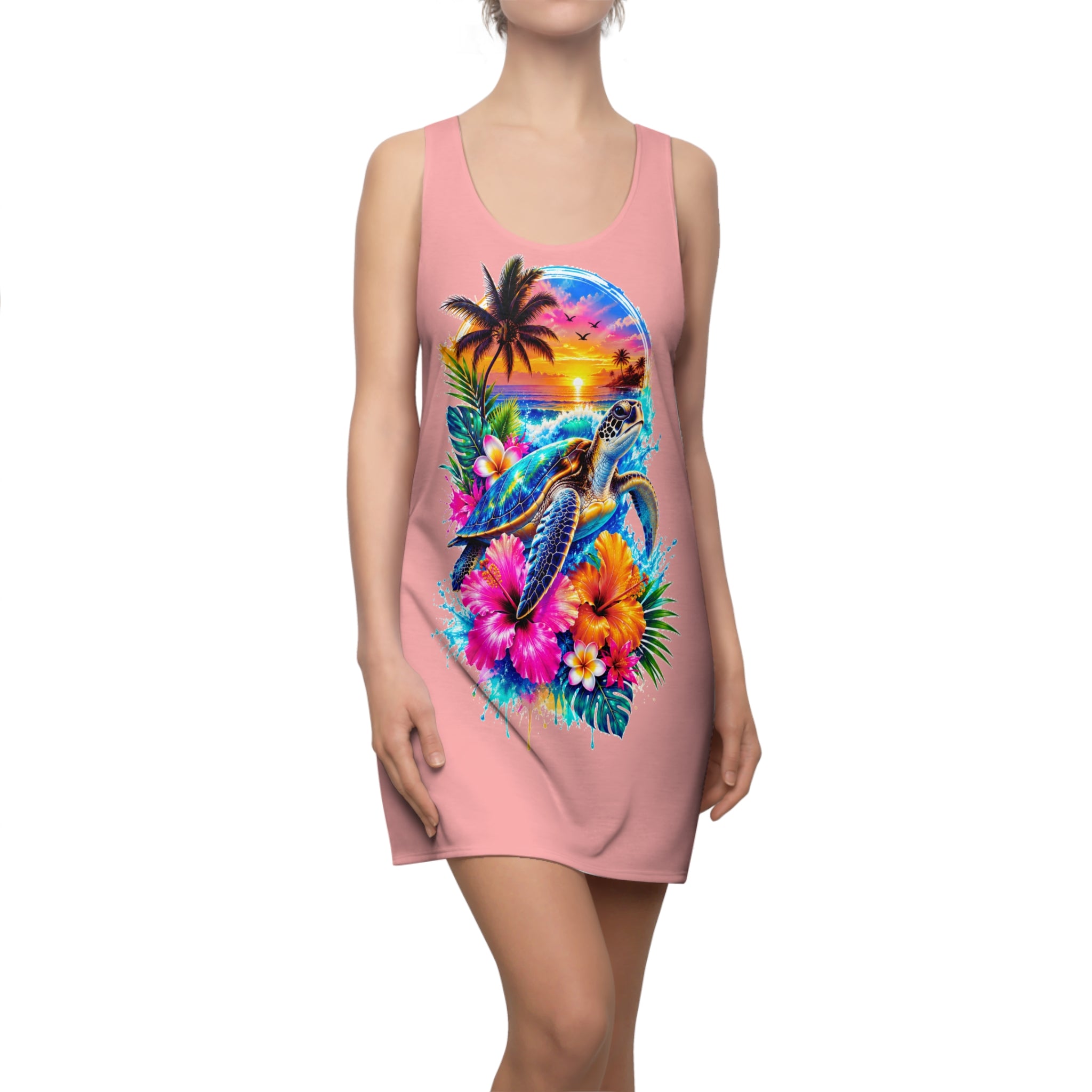 Tropical Sea Turtle Racerback Dress — Sunset Hibiscus Beach Print