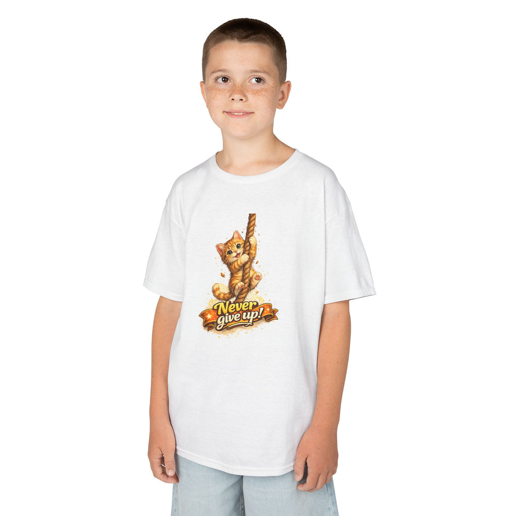 Kids Tee — Cute Climbing Kitten “Never Give Up” Inspirational Shirt