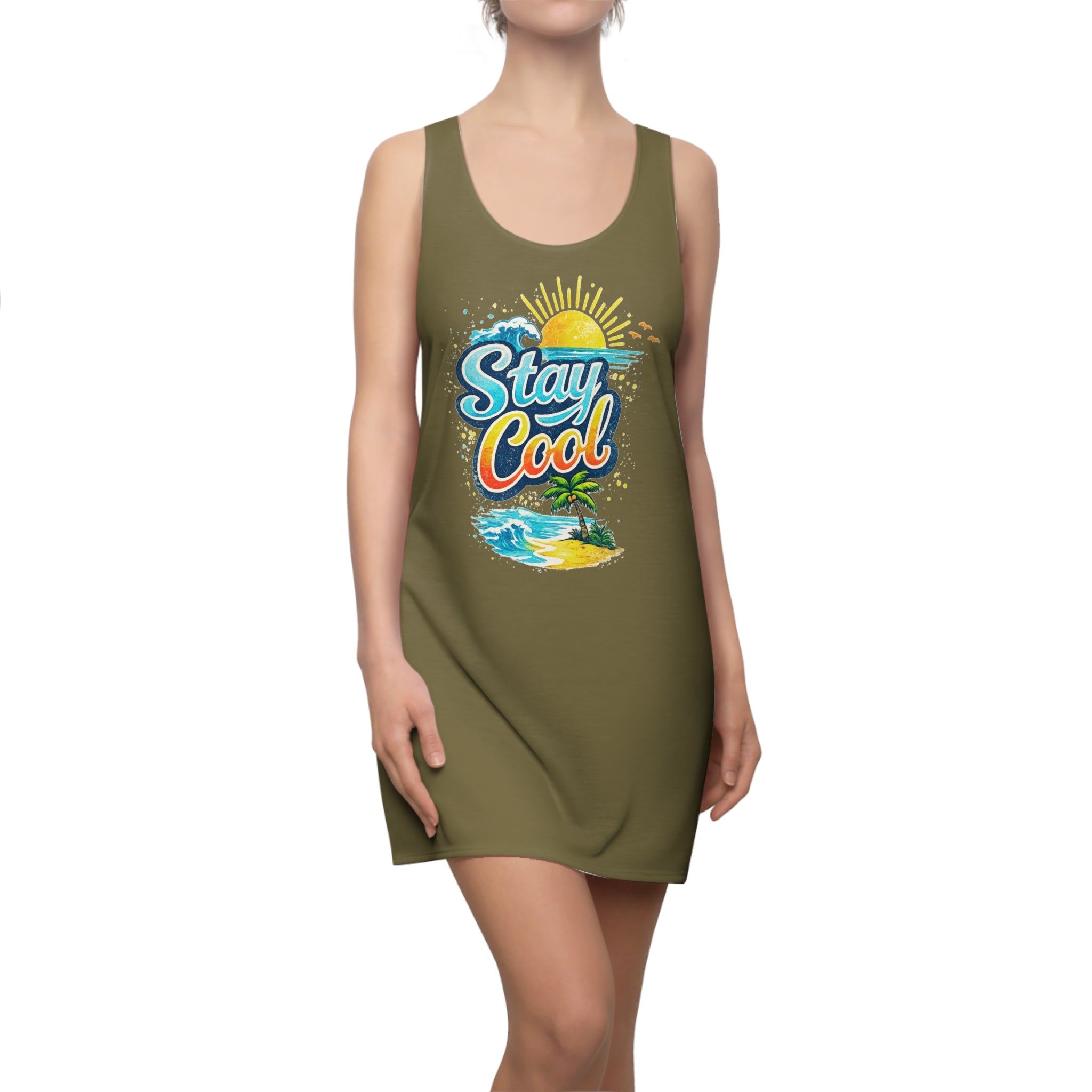 Stay Cool Racerback Dress – Tropical Beach Graphic Sundress