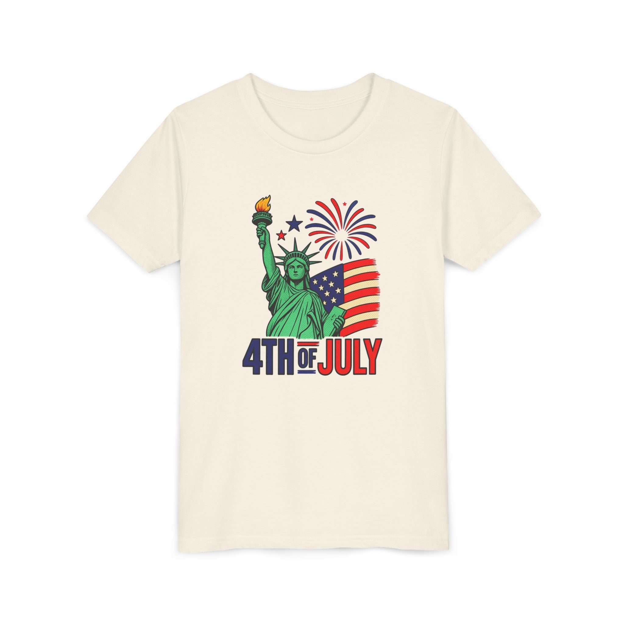 Kids 4th of July T-Shirt – Statue of Liberty, Flag & Fireworks Youth Tee