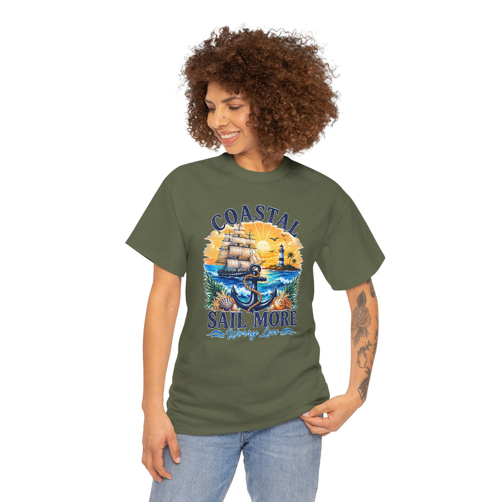 Coastal Sail More Worry Less T-Shirt | Nautical Beach Graphic Tee | Sailing Lover Shirt | Ocean Sunset Gift