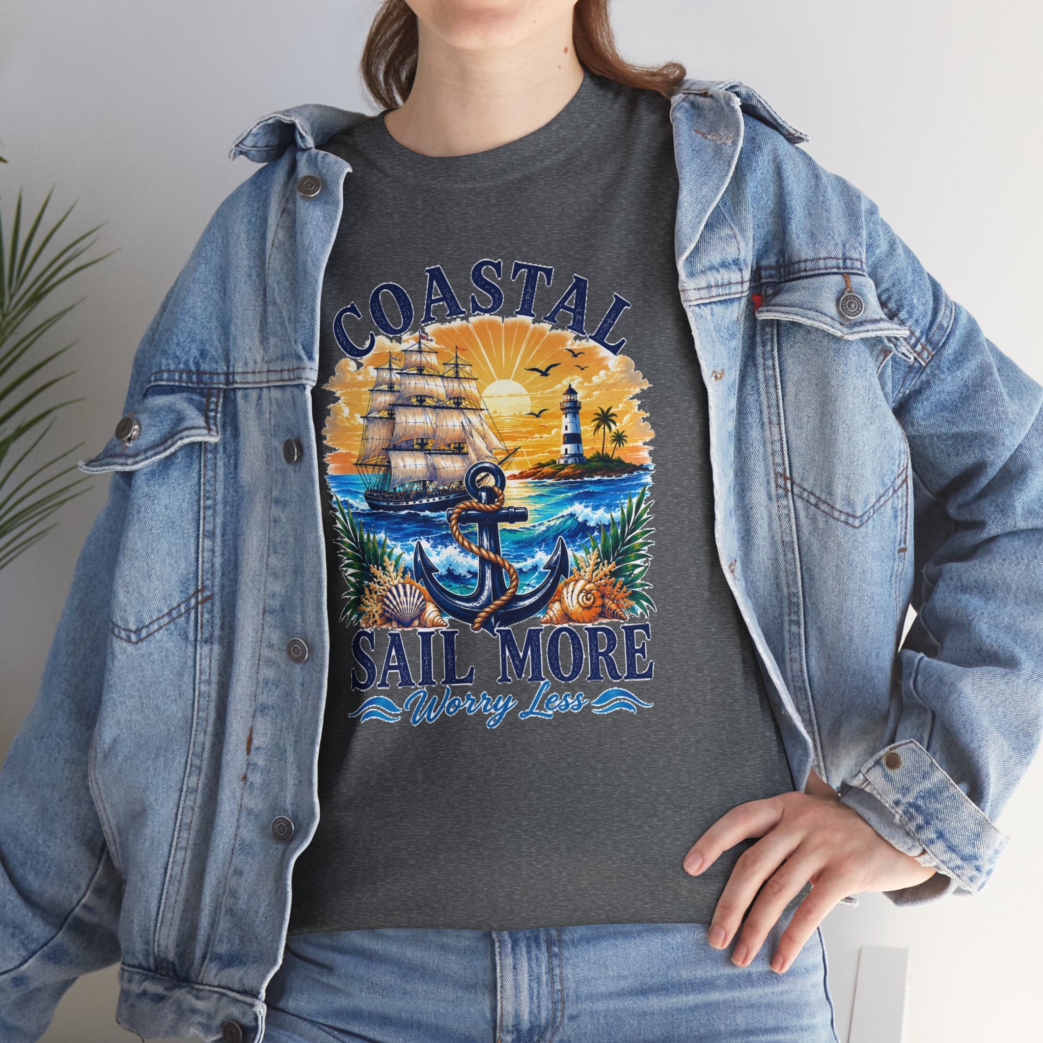 Coastal Sail More Worry Less T-Shirt | Nautical Beach Graphic Tee | Sailing Lover Shirt | Ocean Sunset Gift