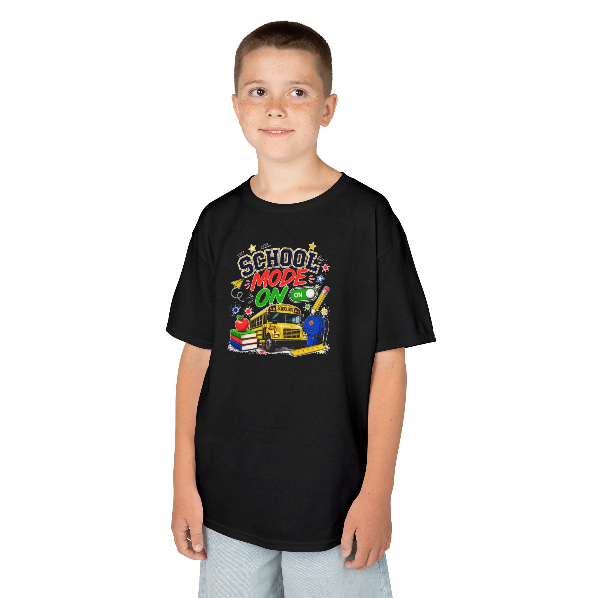 School Mode On Kids T‑Shirt — Back-to-School Graphic Tee with Bus, Books & Apple