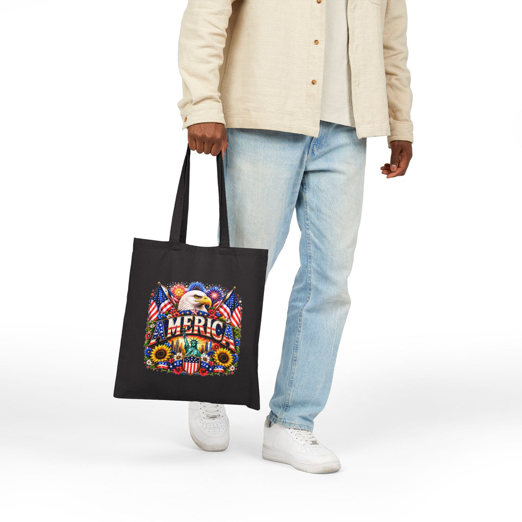 Patriotic America Tote Bag, Eagle Sunflower Tote, USA Flag Market Bag, Fourth of July Gift