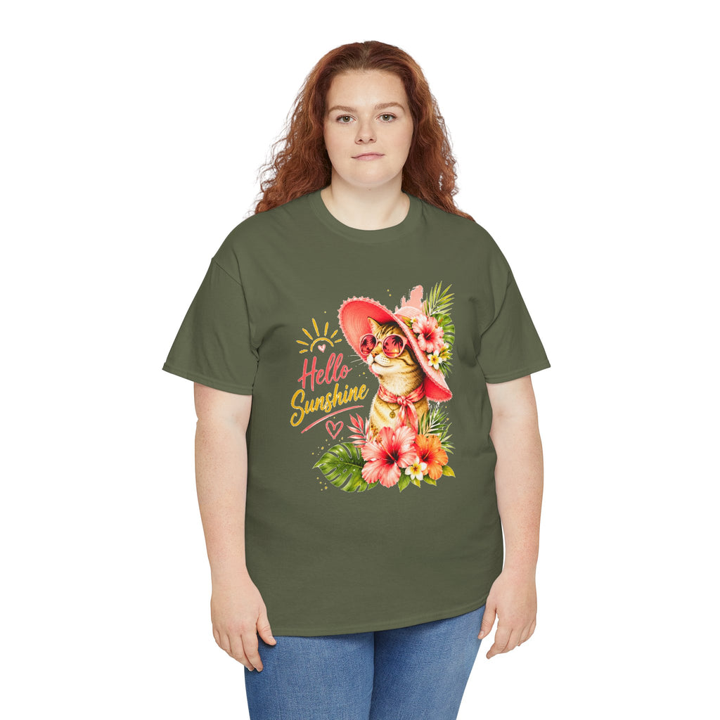 Hello Sunshine Cat Shirt | Cute Floral Cat T-Shirt | Tropical Summer Kitty Tee | Cat Lover Gift | Cute Women's Graphic Tee