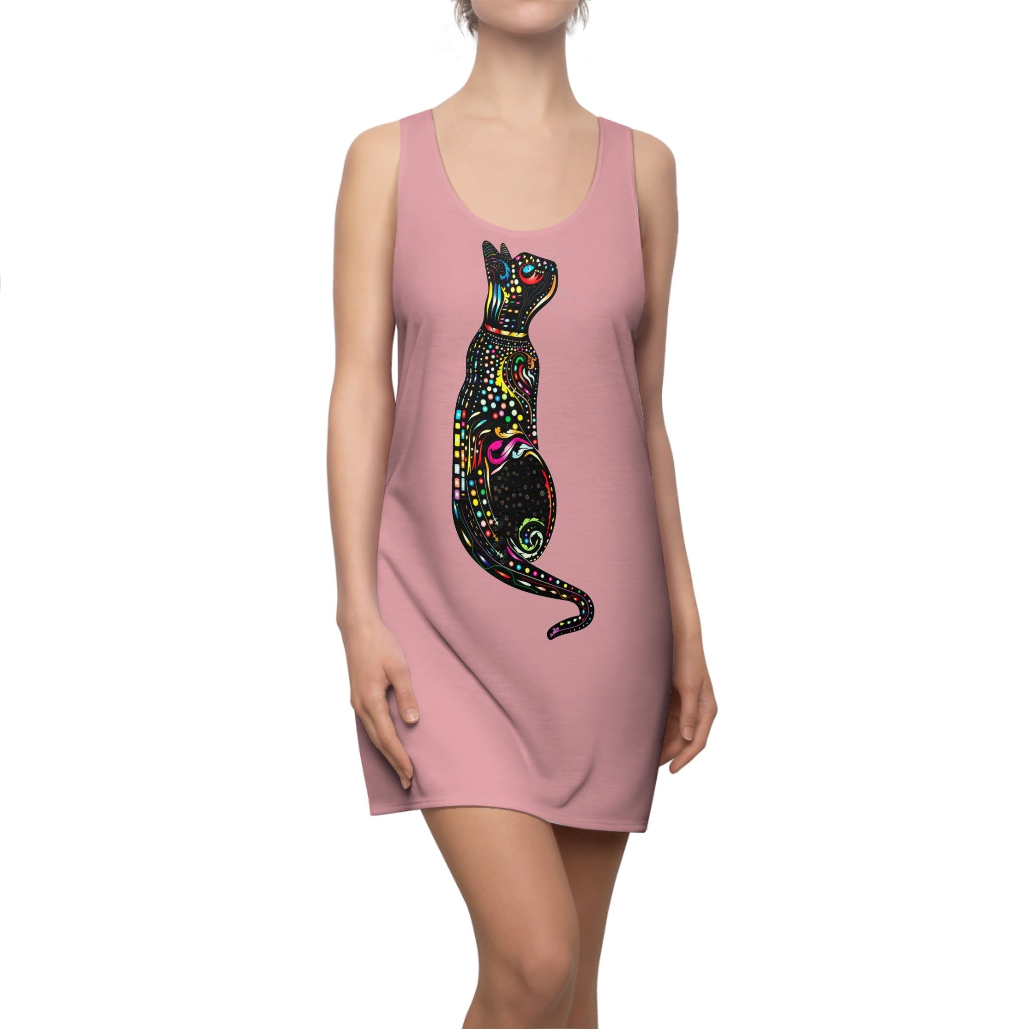 Pink Racerback Dress with Colorful Mosaic Cat Graphic