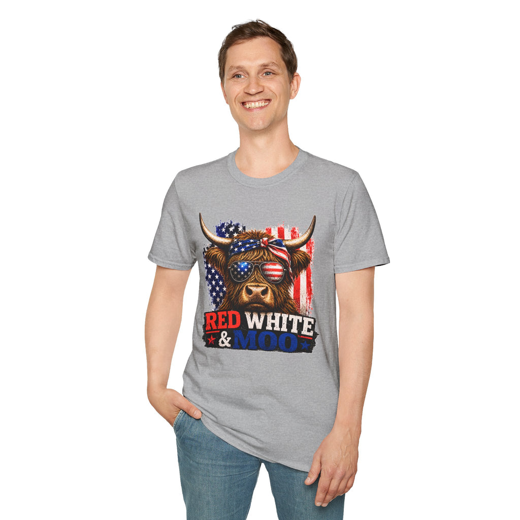 Patriotic Cow Graphic T-Shirt — "Red White & Moo" American Flag Tee