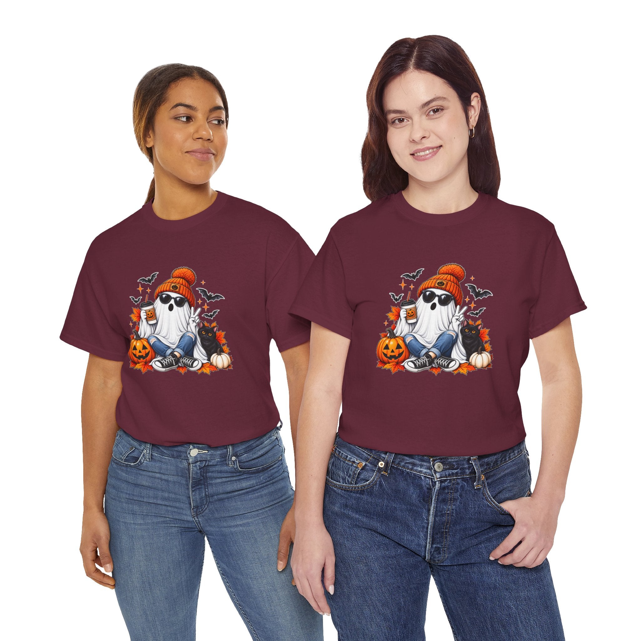 Halloween Ghost T-Shirt, Cute Spooky Pumpkin Cat Tee, Cozy Fall Coffee Graphic Shirt, Halloween Gift for Her